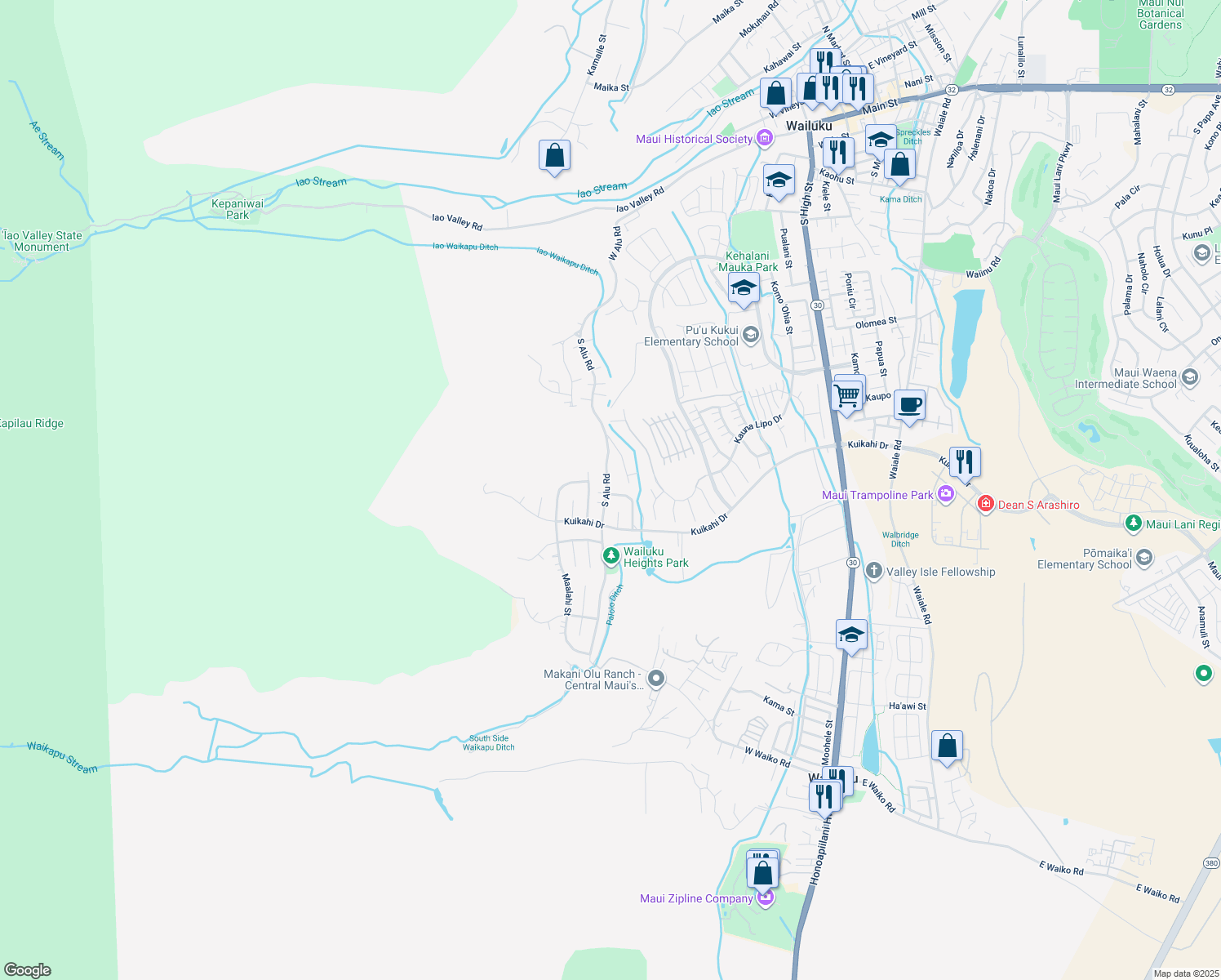 map of restaurants, bars, coffee shops, grocery stores, and more near 495 South Alu Road in Wailuku
