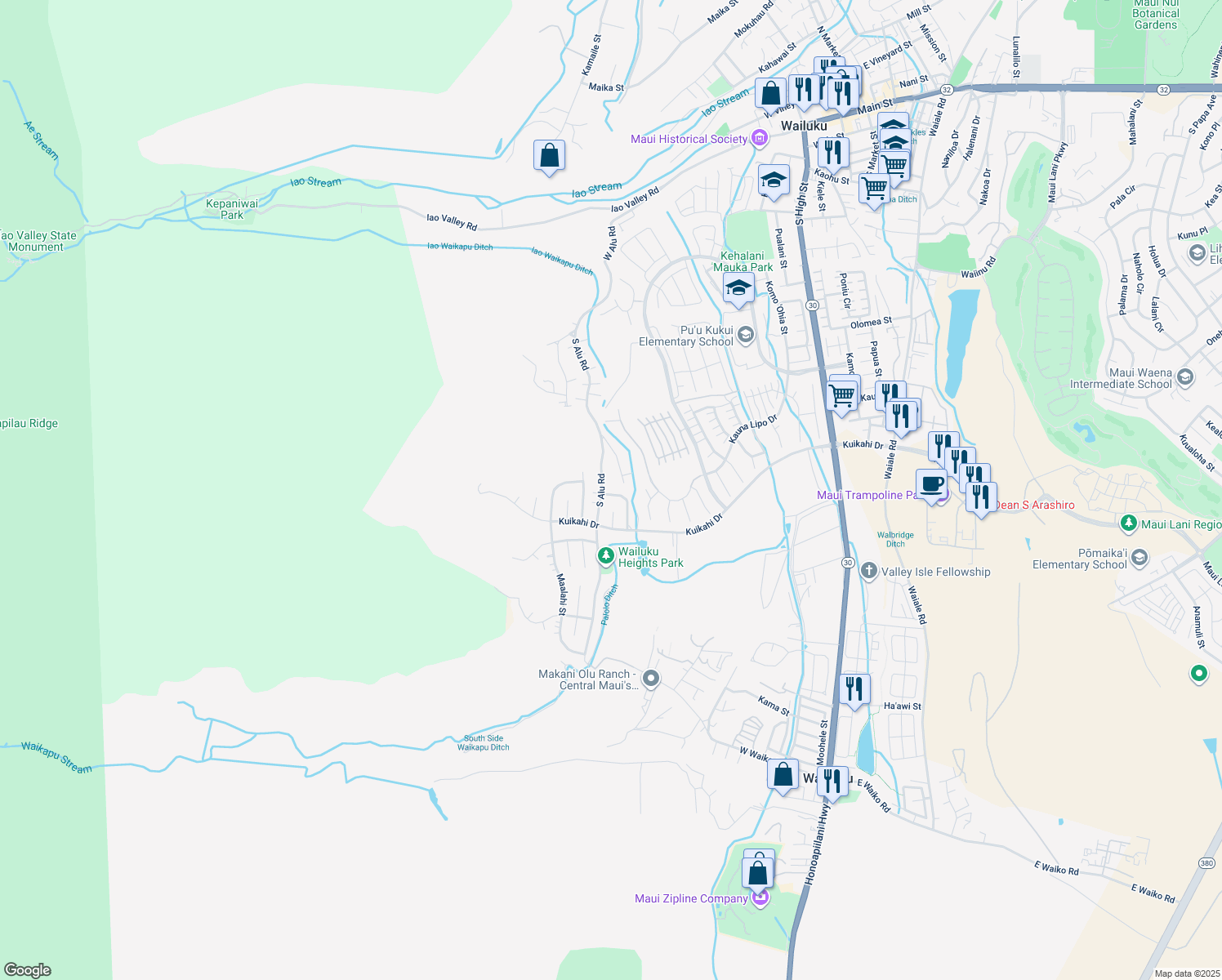 map of restaurants, bars, coffee shops, grocery stores, and more near 511 Kualau Street in Wailuku