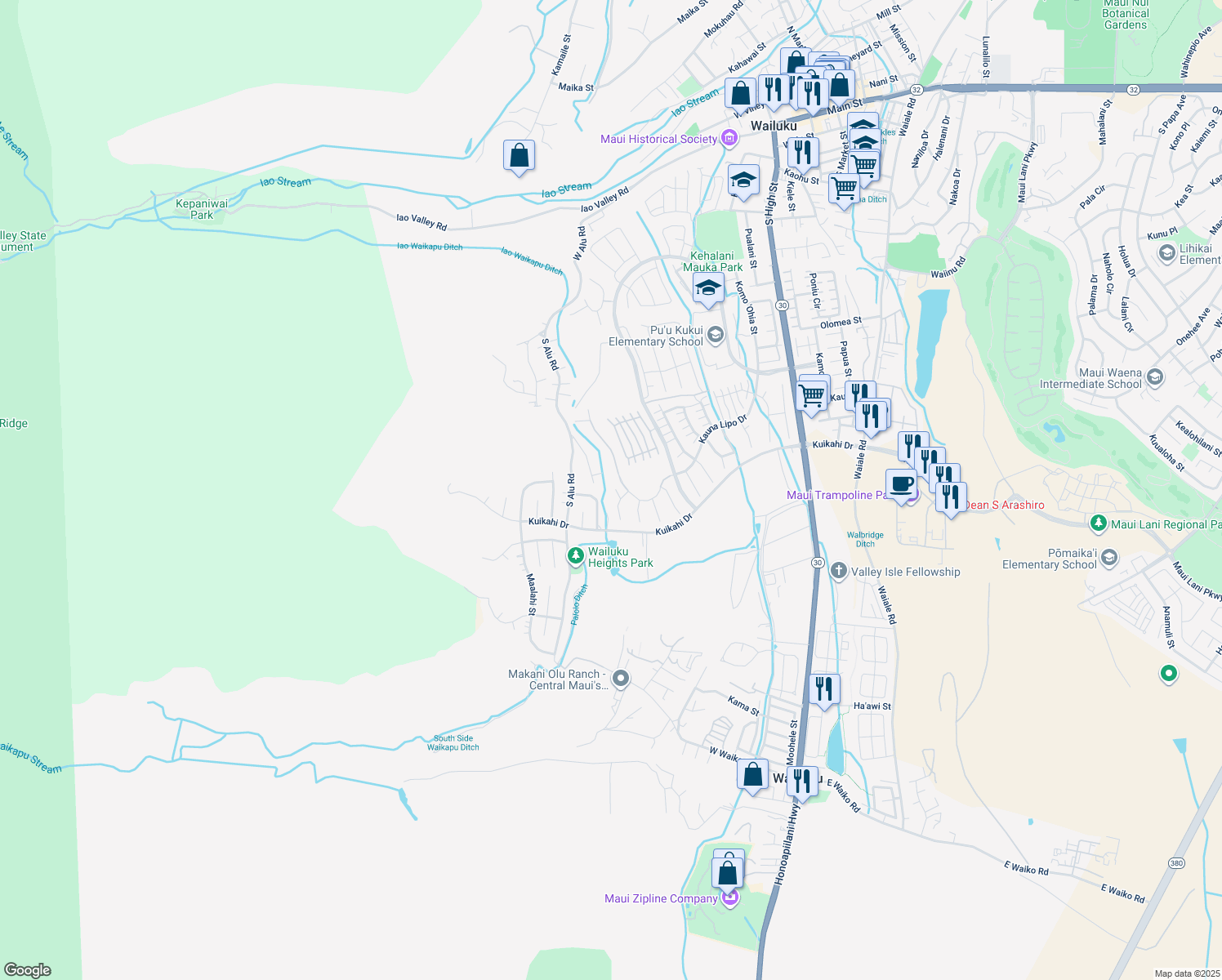 map of restaurants, bars, coffee shops, grocery stores, and more near 15 Pi'ipi'i Way in Wailuku
