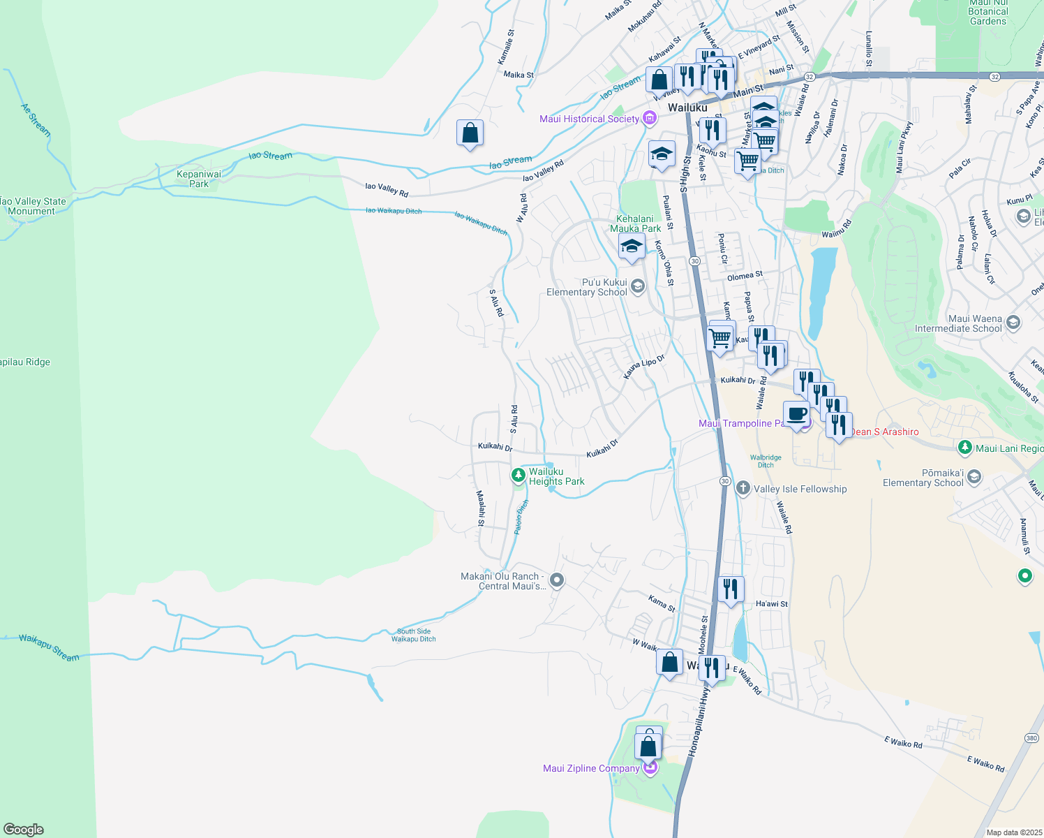 map of restaurants, bars, coffee shops, grocery stores, and more near 511 Kualau Street in Wailuku