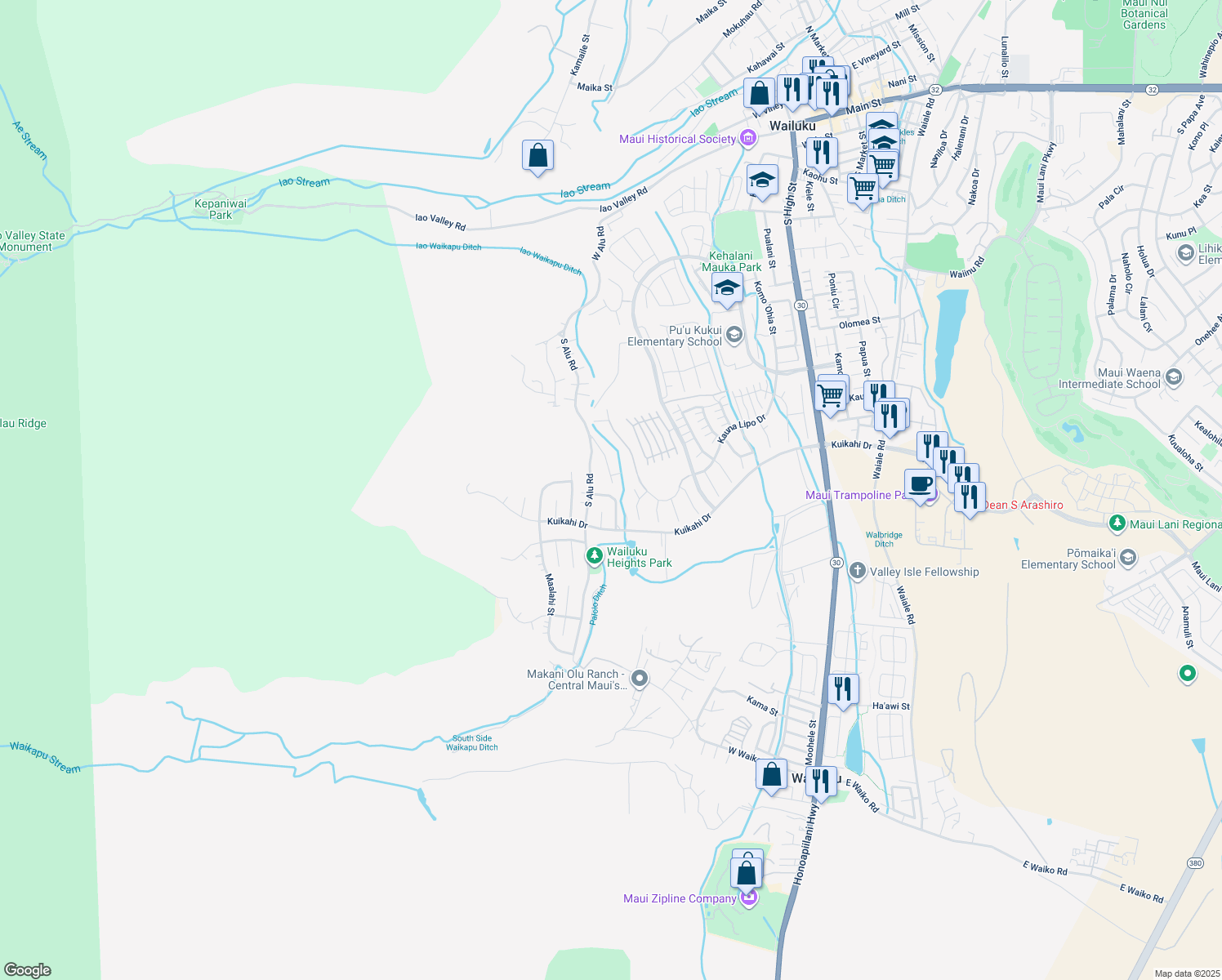 map of restaurants, bars, coffee shops, grocery stores, and more near 521 Kualau Street in Wailuku