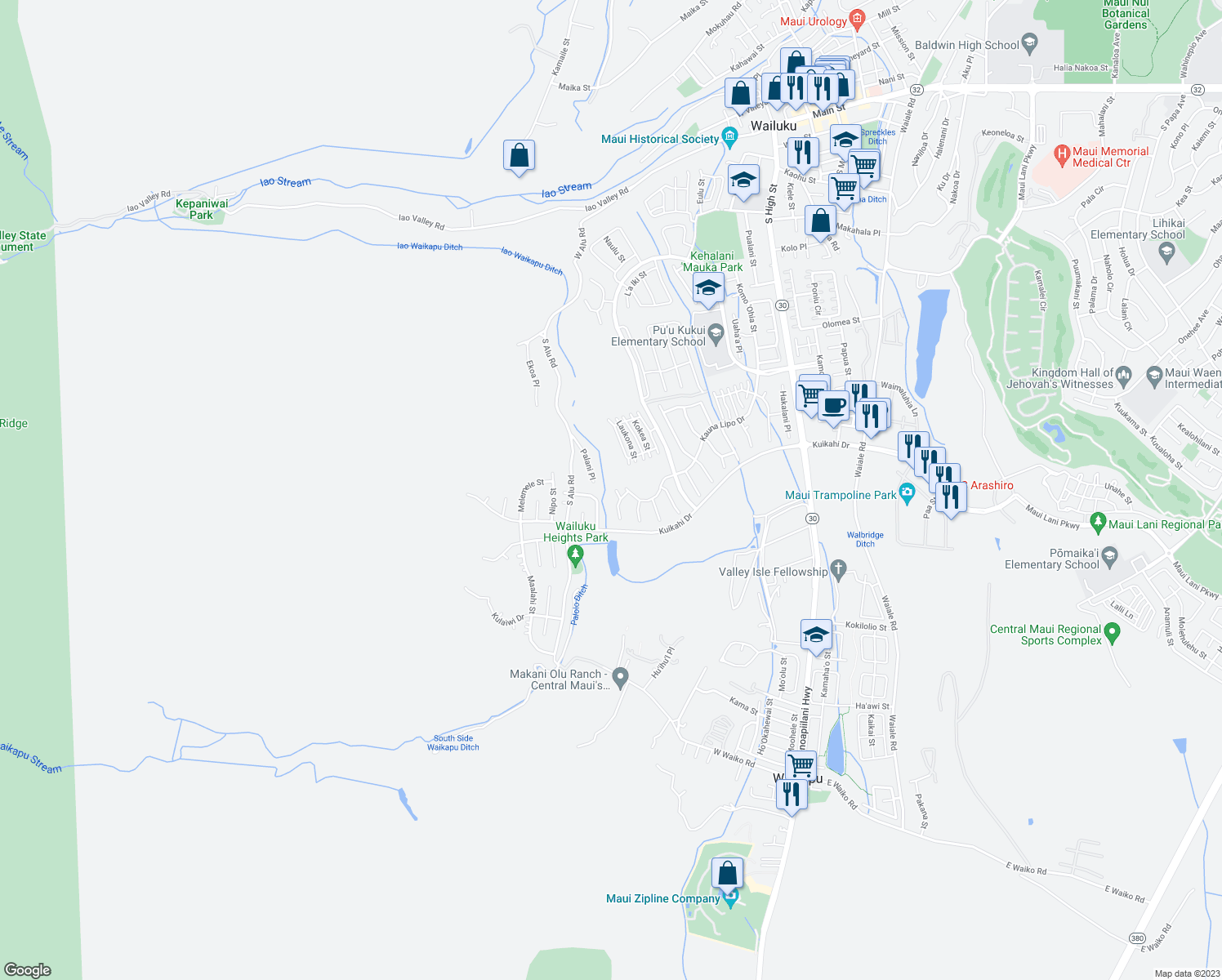 map of restaurants, bars, coffee shops, grocery stores, and more near 15 Pi'ipi'i Way in Wailuku