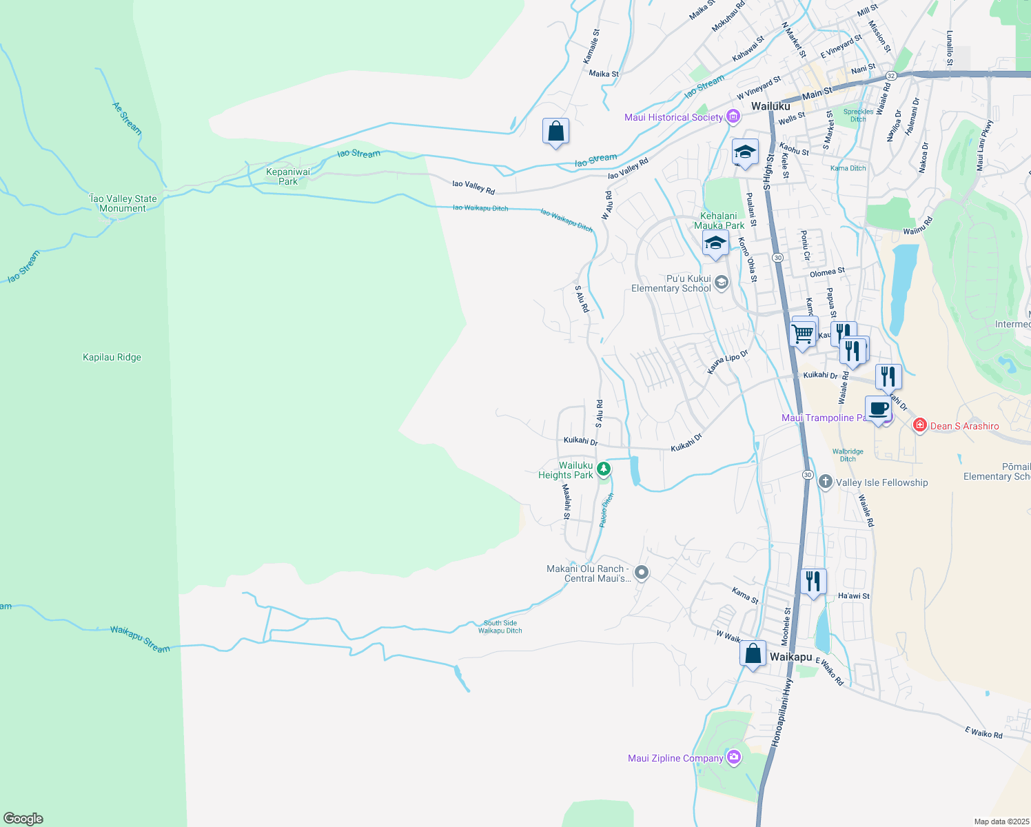 map of restaurants, bars, coffee shops, grocery stores, and more near 576 Kuikahi Drive in Wailuku