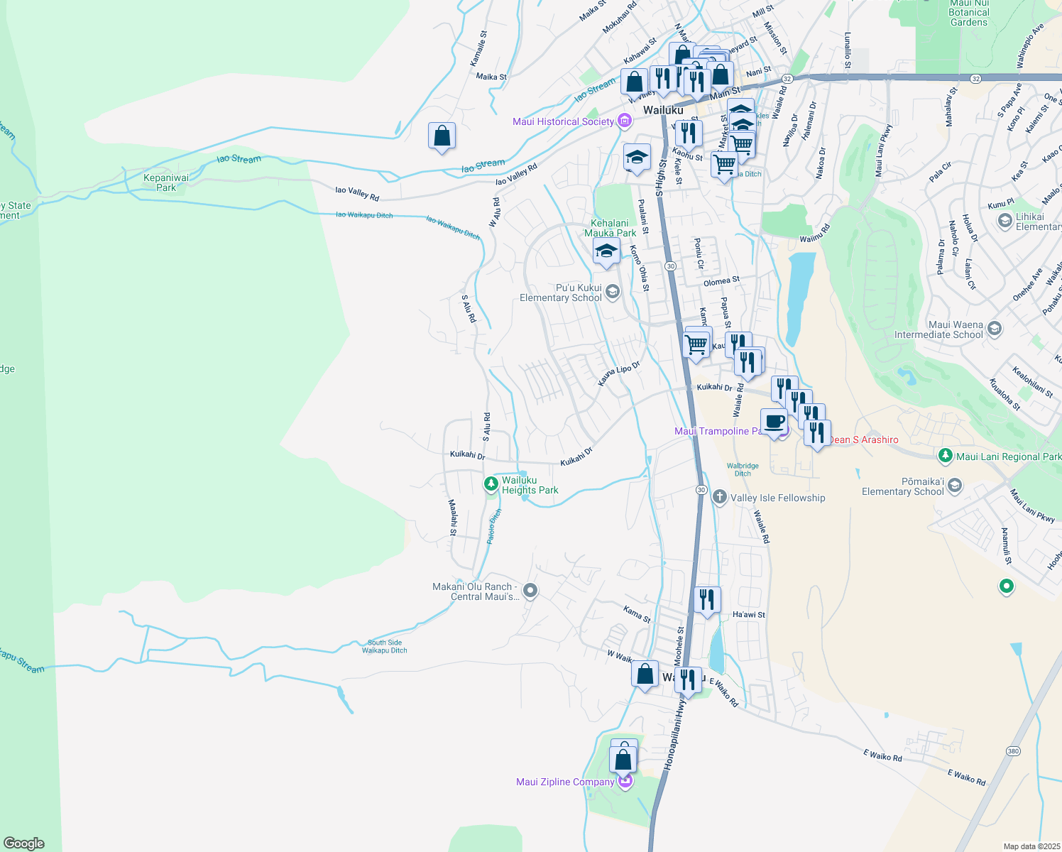 map of restaurants, bars, coffee shops, grocery stores, and more near 12 Pi'ipi'i Way in Wailuku