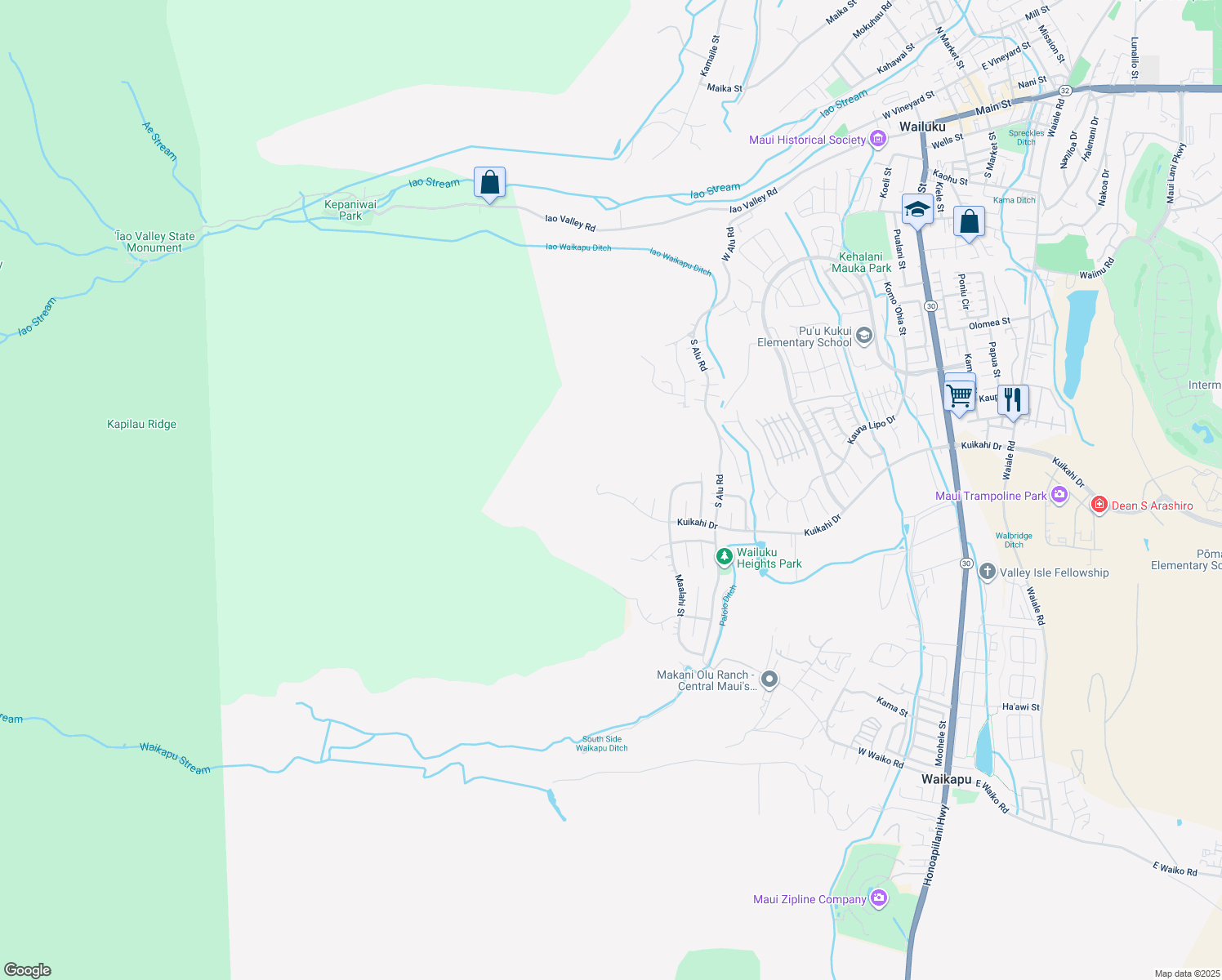 map of restaurants, bars, coffee shops, grocery stores, and more near 596 Kuikahi Drive in Wailuku