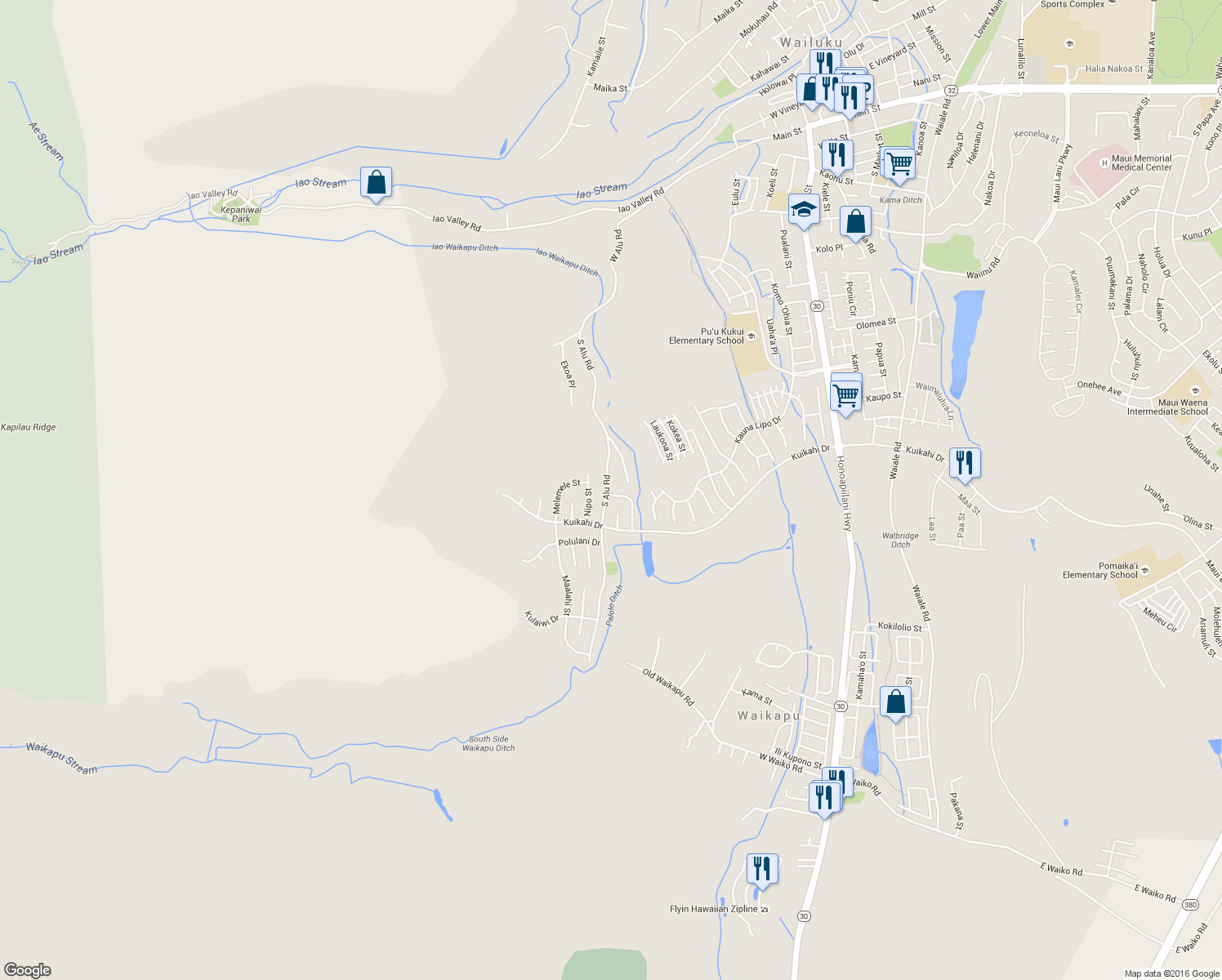 map of restaurants, bars, coffee shops, grocery stores, and more near 495 South Alu Road in Wailuku