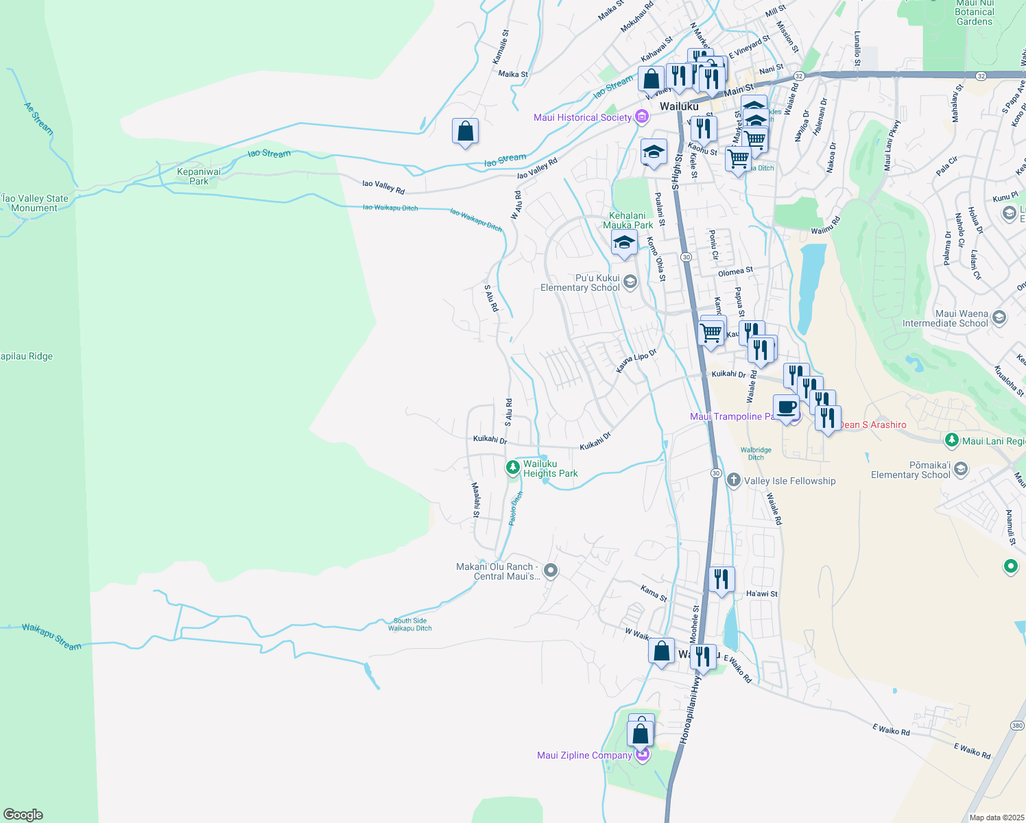 map of restaurants, bars, coffee shops, grocery stores, and more near 495 South Alu Road in Wailuku