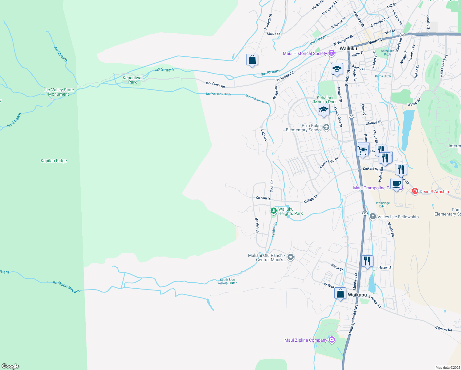 map of restaurants, bars, coffee shops, grocery stores, and more near 596 Kuikahi Drive in Wailuku