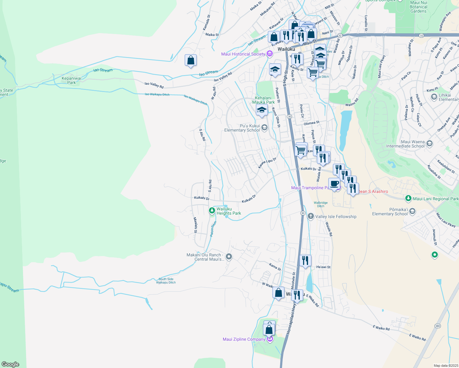 map of restaurants, bars, coffee shops, grocery stores, and more near 0 Kauna Lipo Drive in Wailuku