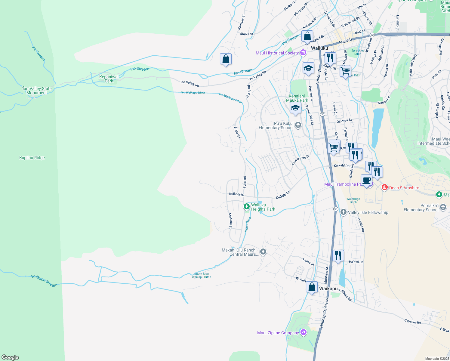 map of restaurants, bars, coffee shops, grocery stores, and more near 522 Melemele Street in Wailuku