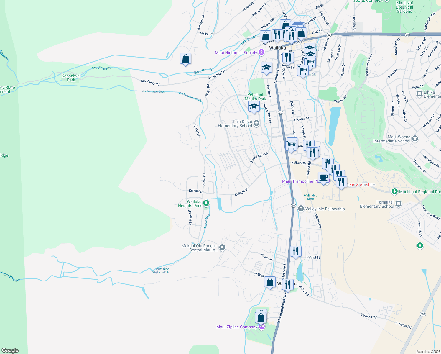 map of restaurants, bars, coffee shops, grocery stores, and more near 531 Kauna Lipo Drive in Wailuku