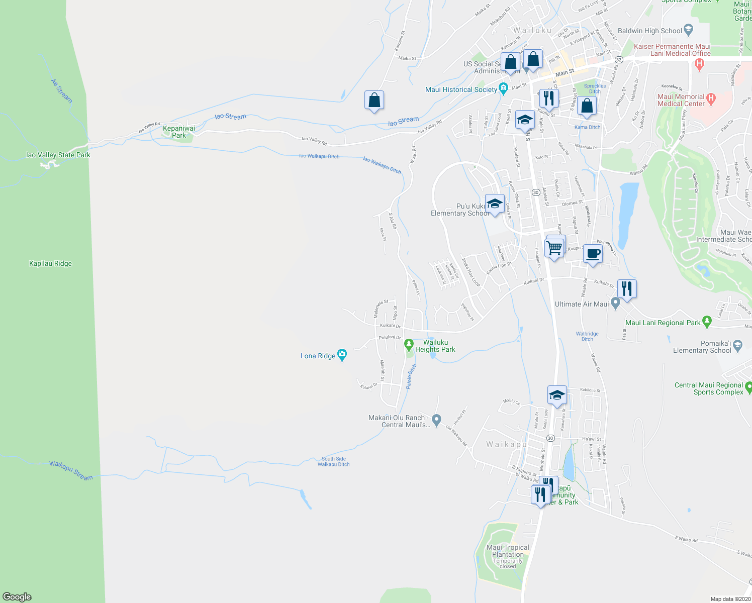 map of restaurants, bars, coffee shops, grocery stores, and more near 518 Melemele Street in Wailuku