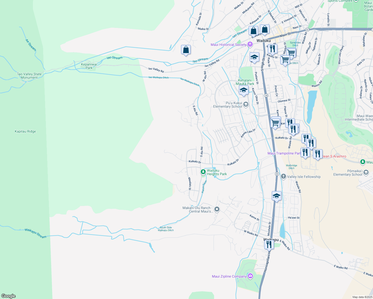 map of restaurants, bars, coffee shops, grocery stores, and more near 518 Melemele Street in Wailuku