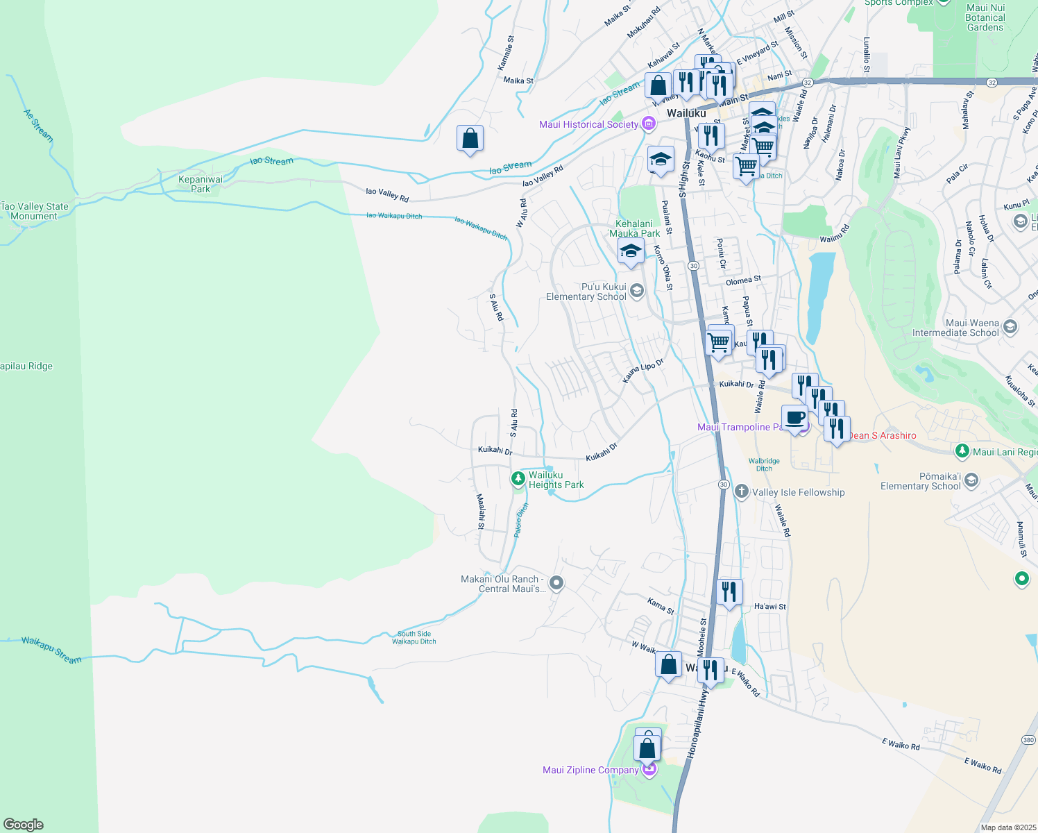 map of restaurants, bars, coffee shops, grocery stores, and more near 477 South Alu Road in Wailuku