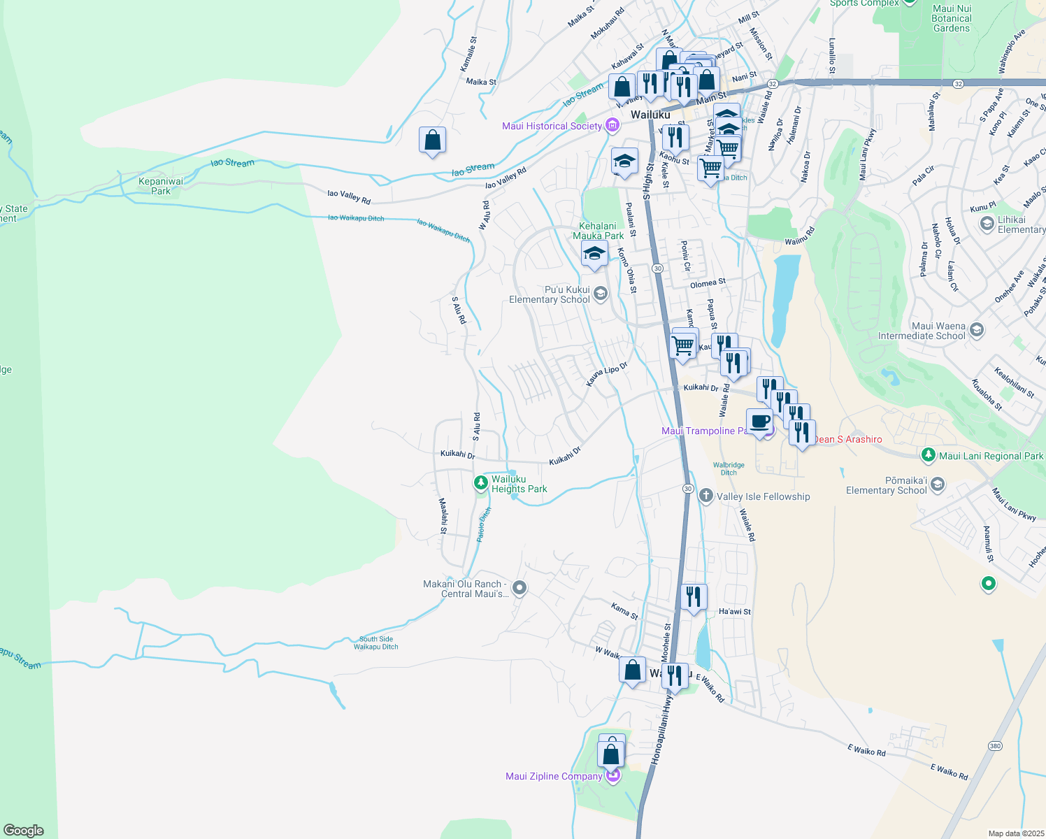 map of restaurants, bars, coffee shops, grocery stores, and more near 12 Pi'ipi'i Way in Wailuku