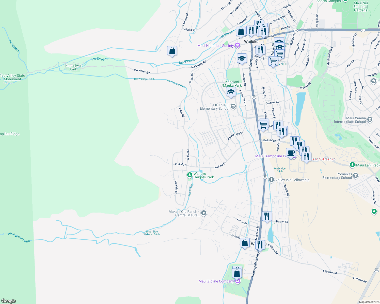 map of restaurants, bars, coffee shops, grocery stores, and more near 477 South Alu Road in Wailuku