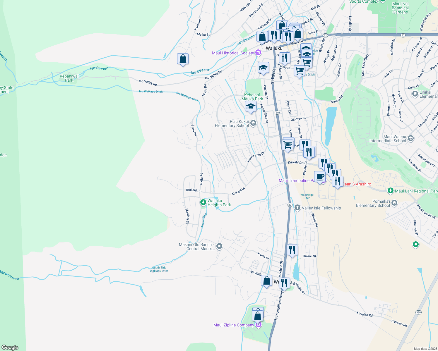 map of restaurants, bars, coffee shops, grocery stores, and more near 0 Kauna Lipo Drive in Wailuku