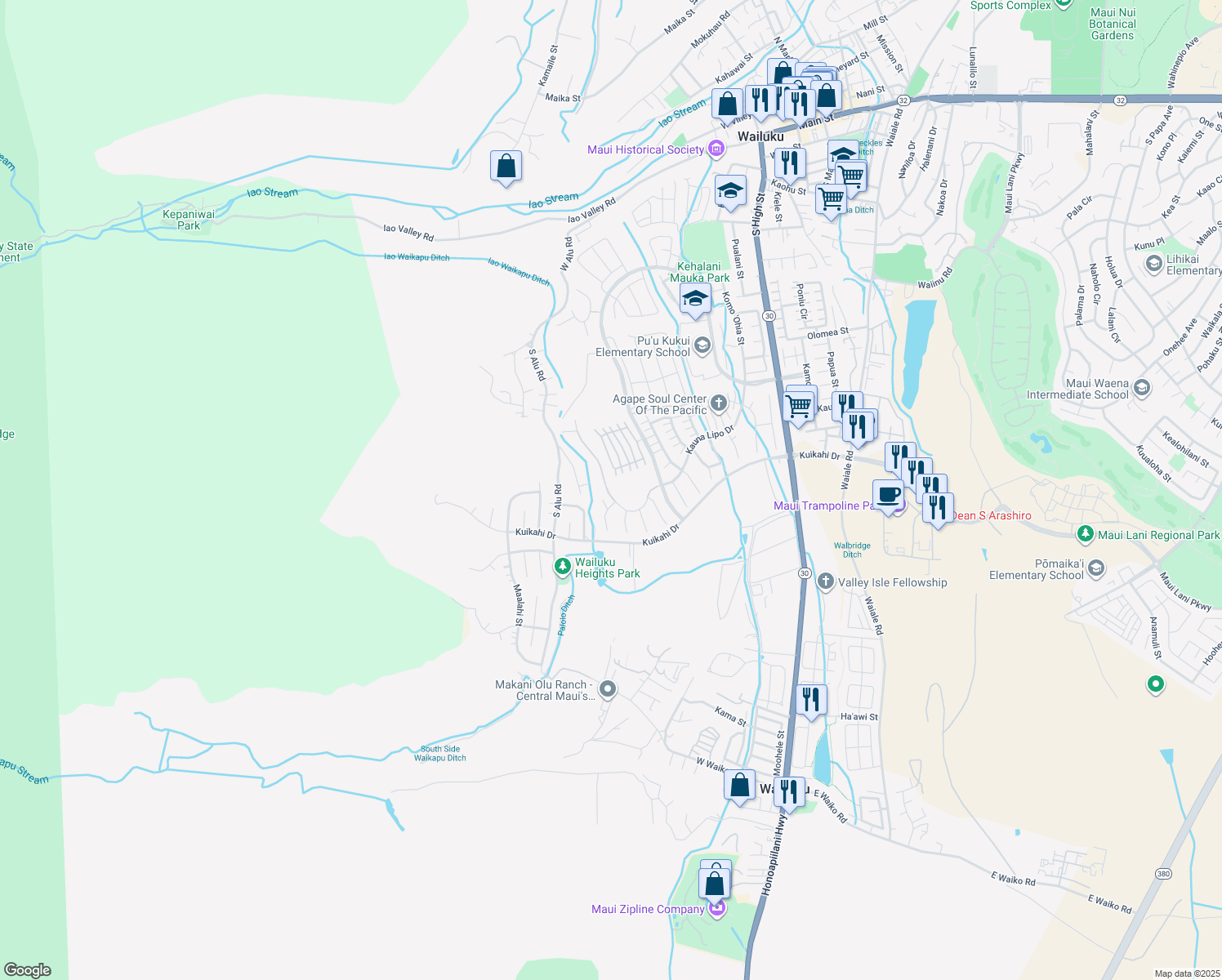 map of restaurants, bars, coffee shops, grocery stores, and more near 0 Kauna Lipo Drive in Wailuku