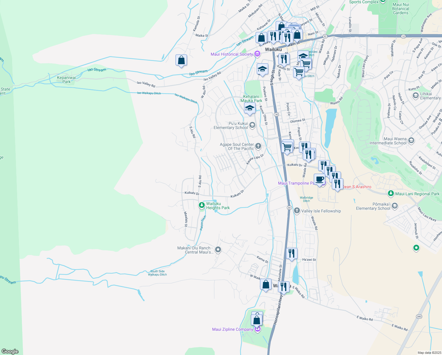 map of restaurants, bars, coffee shops, grocery stores, and more near 0 Kauna Lipo Drive in Wailuku