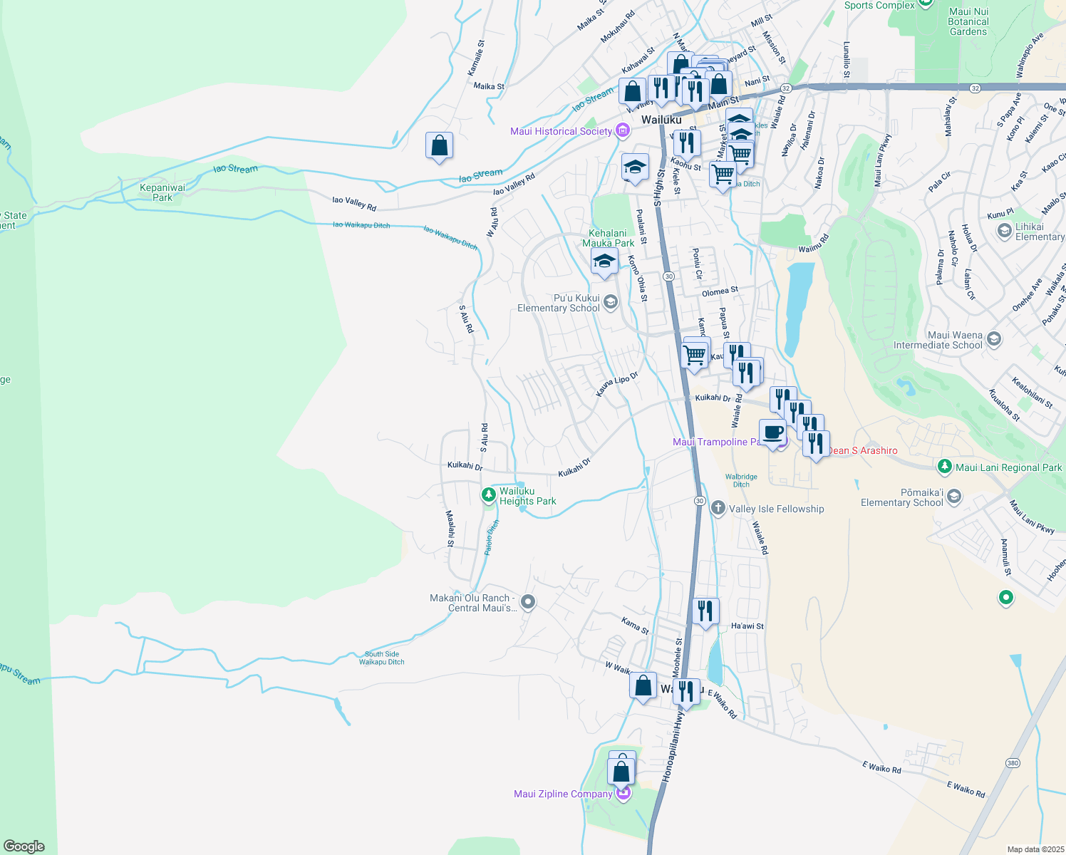 map of restaurants, bars, coffee shops, grocery stores, and more near 12 Pi'ipi'i Way in Wailuku