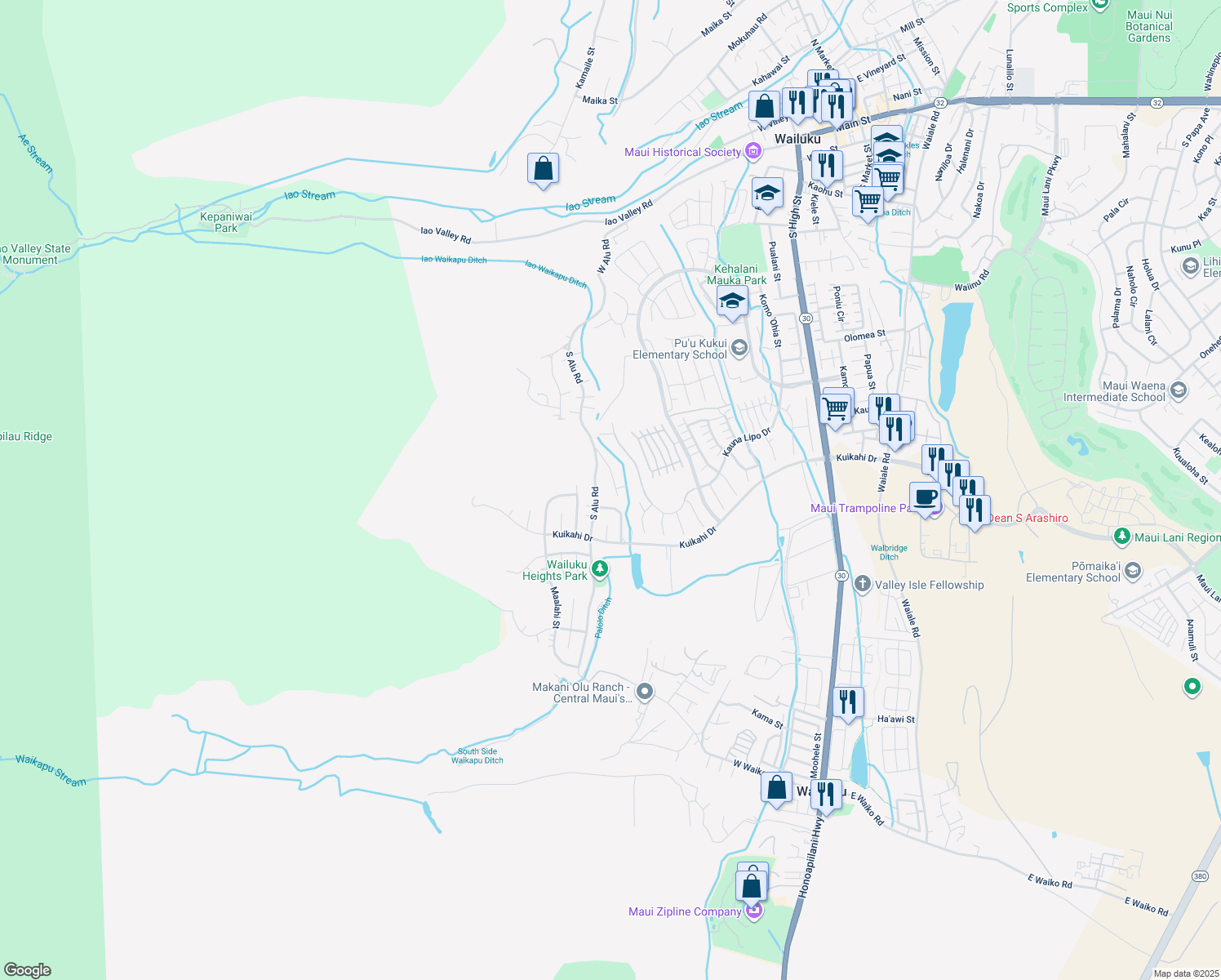 map of restaurants, bars, coffee shops, grocery stores, and more near 472 Palani Place in Wailuku