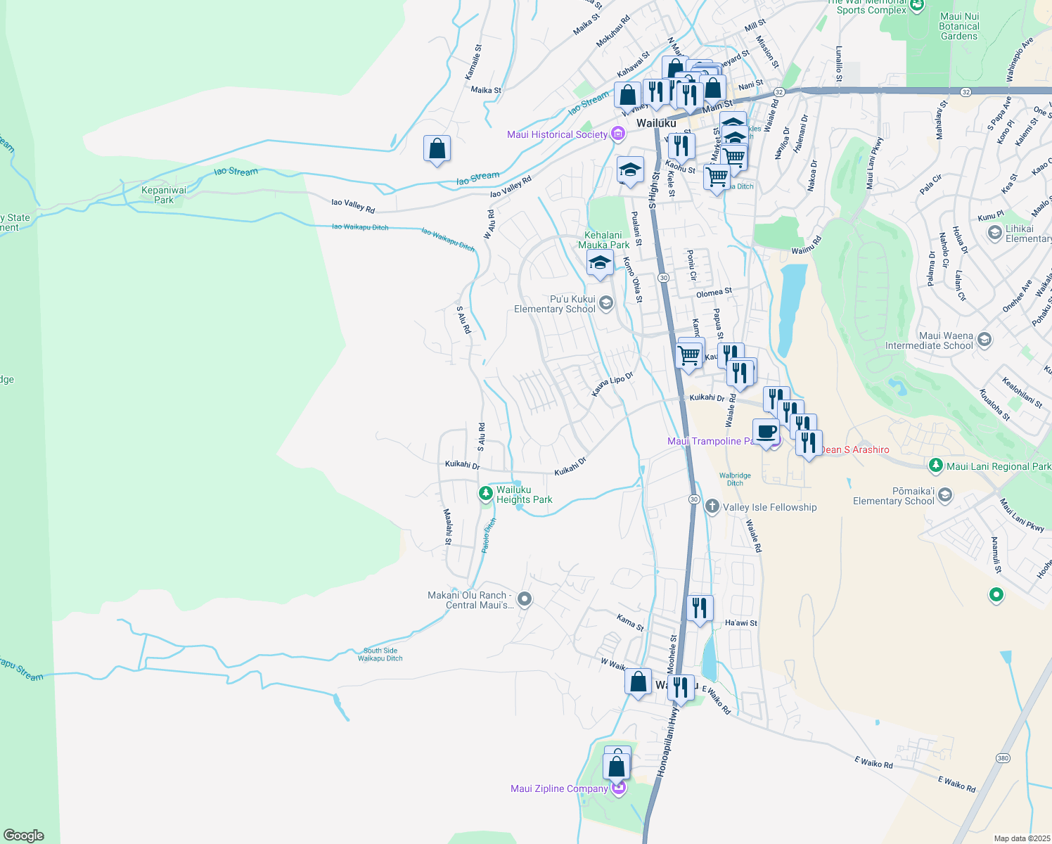 map of restaurants, bars, coffee shops, grocery stores, and more near 0 Kauna Lipo Drive in Wailuku