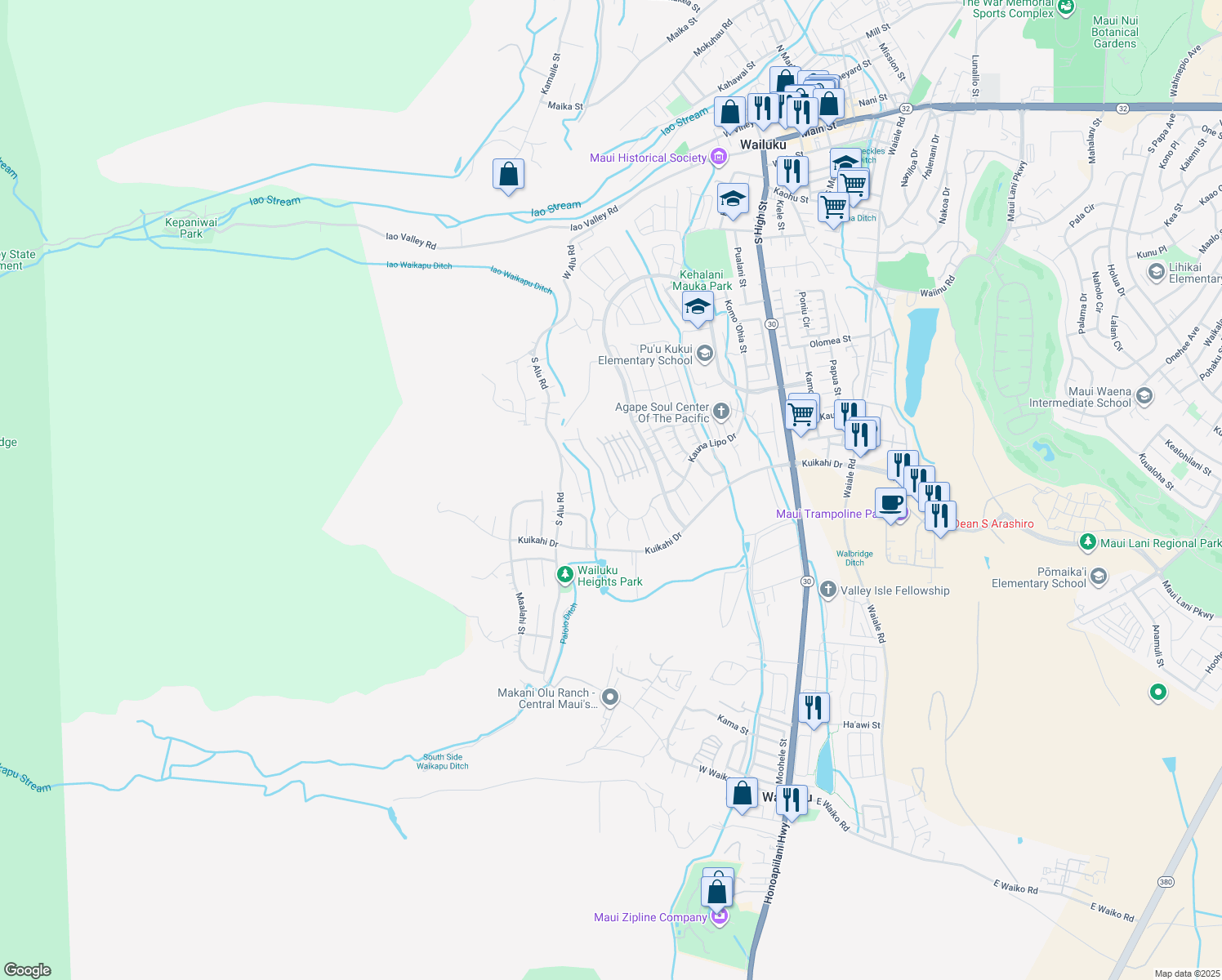 map of restaurants, bars, coffee shops, grocery stores, and more near 0 Kauna Lipo Drive in Wailuku