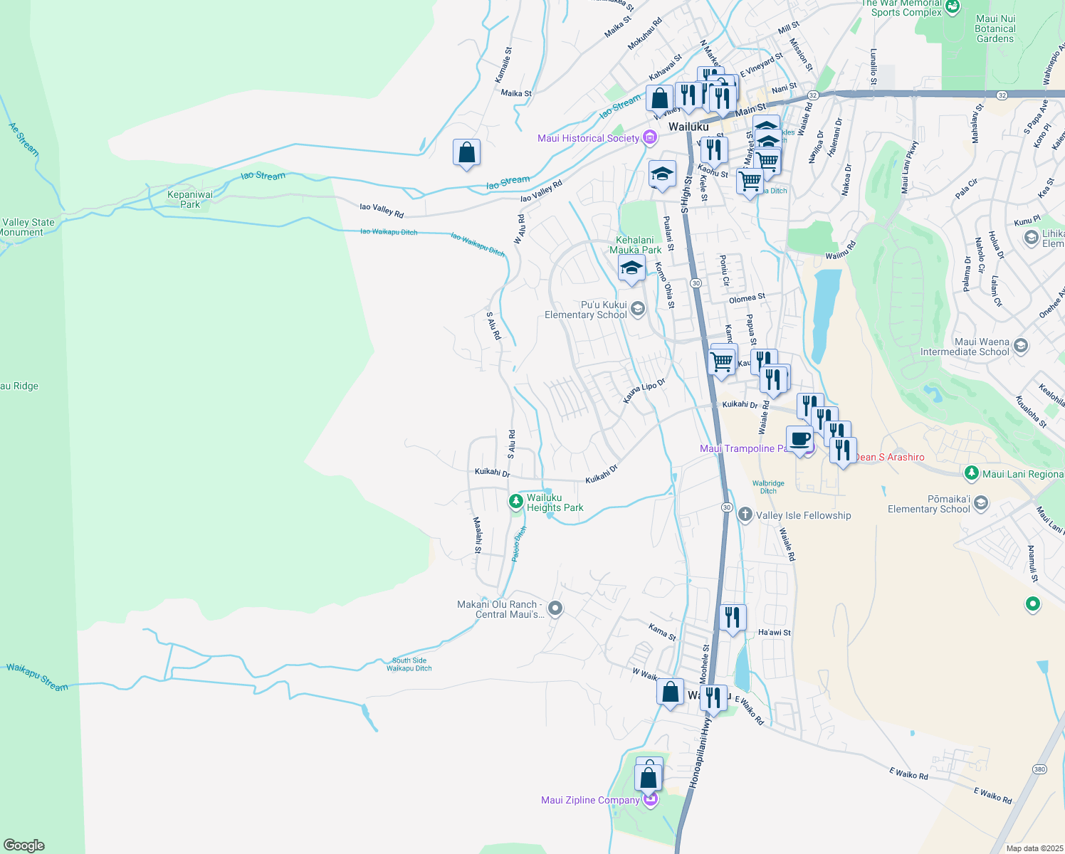 map of restaurants, bars, coffee shops, grocery stores, and more near 467 Palani Place in Wailuku