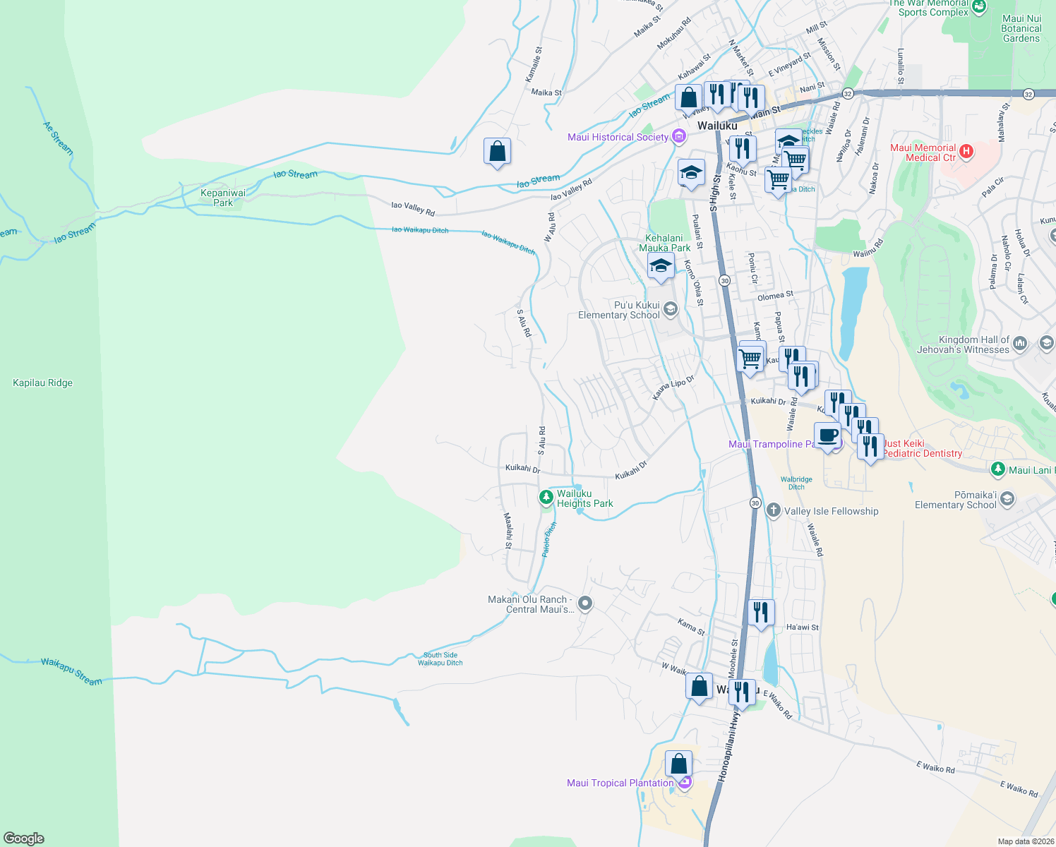 map of restaurants, bars, coffee shops, grocery stores, and more near 465 Nopu Street in Kihei