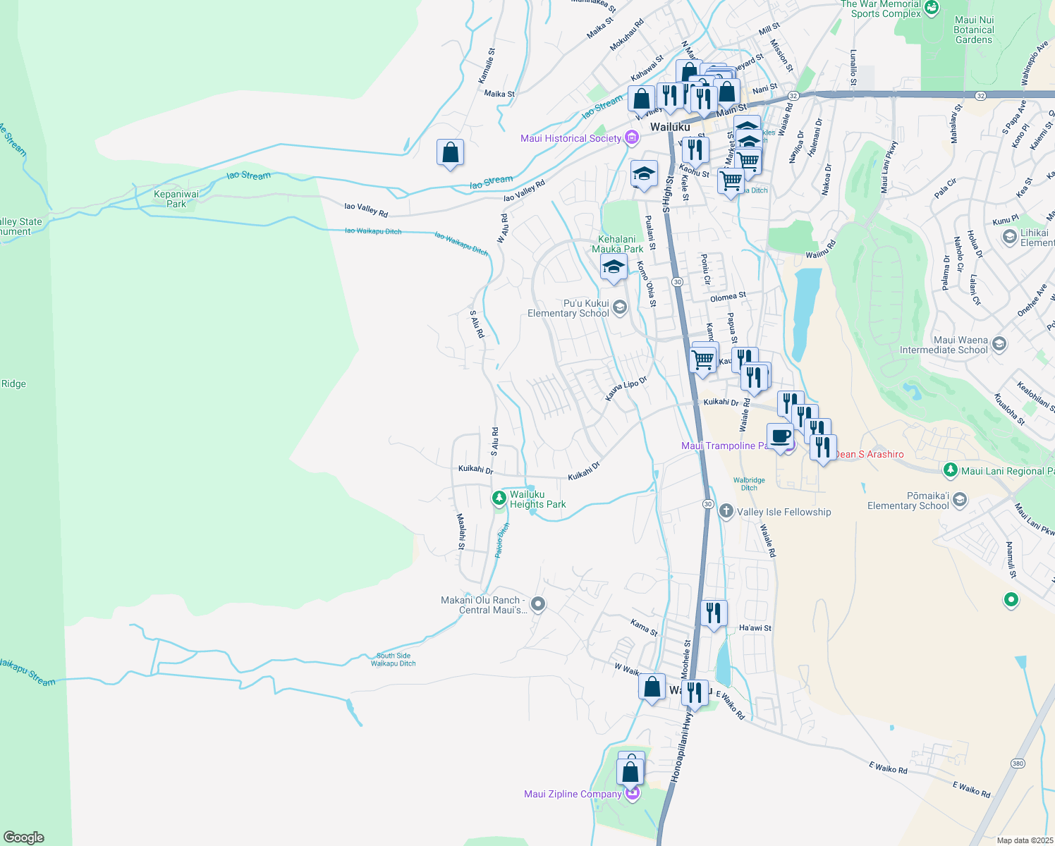 map of restaurants, bars, coffee shops, grocery stores, and more near 0 Kauna Lipo Drive in Wailuku