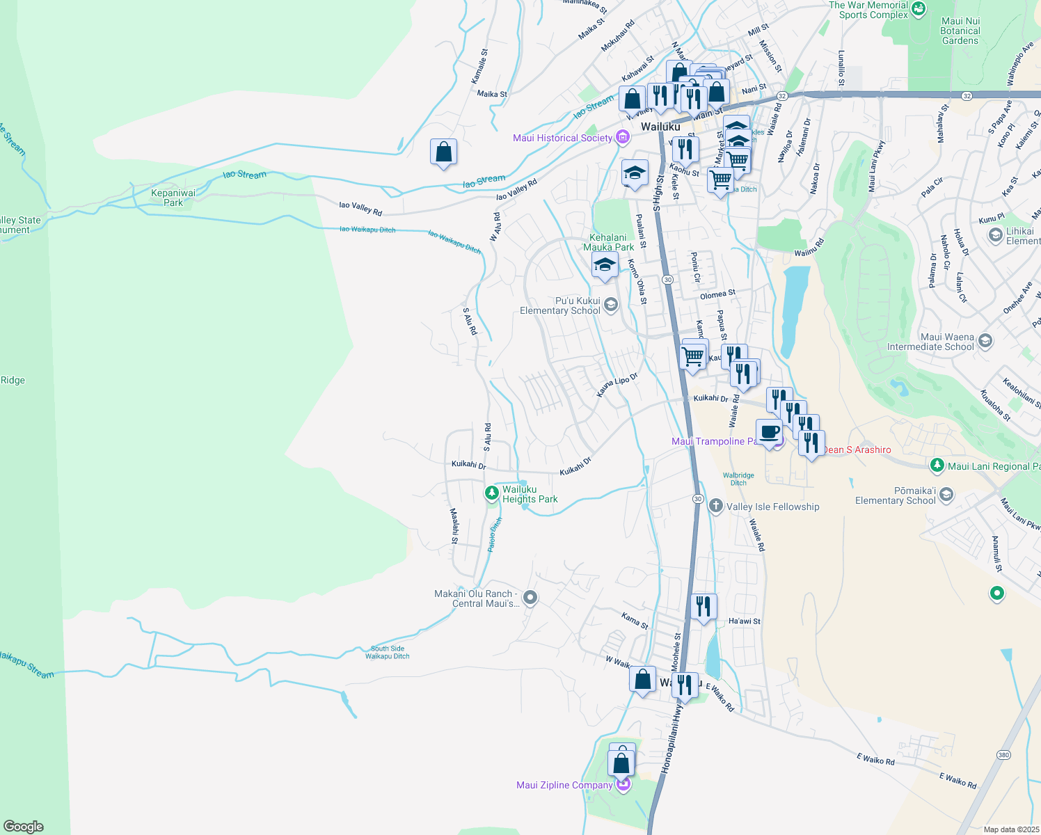 map of restaurants, bars, coffee shops, grocery stores, and more near 0 Kauna Lipo Drive in Wailuku