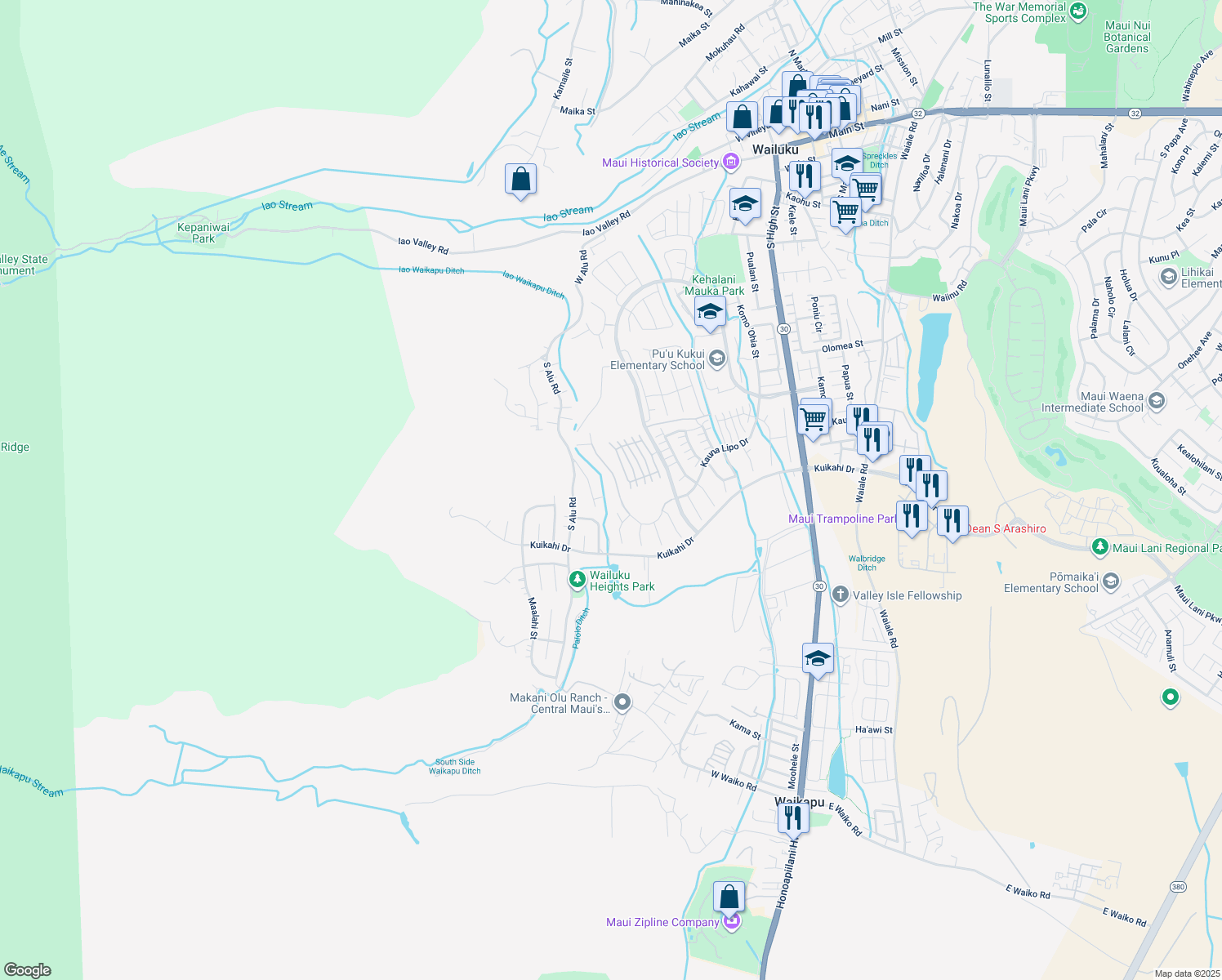 map of restaurants, bars, coffee shops, grocery stores, and more near 563 Kauna Lipo Drive in Wailuku