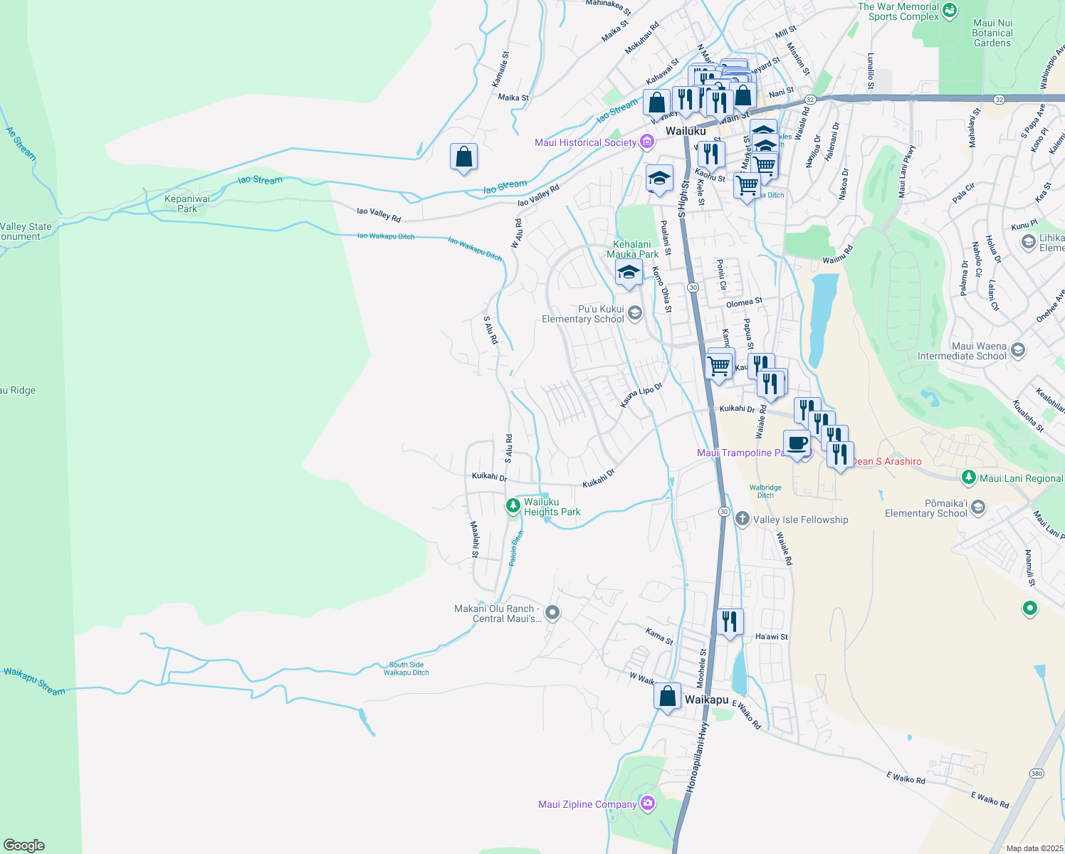 map of restaurants, bars, coffee shops, grocery stores, and more near 461 Palani Place in Wailuku