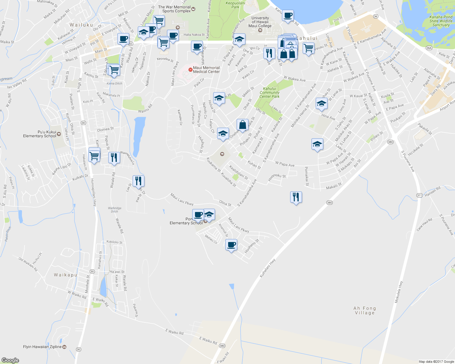 map of restaurants, bars, coffee shops, grocery stores, and more near 125 Kuualoha Street in Kahului