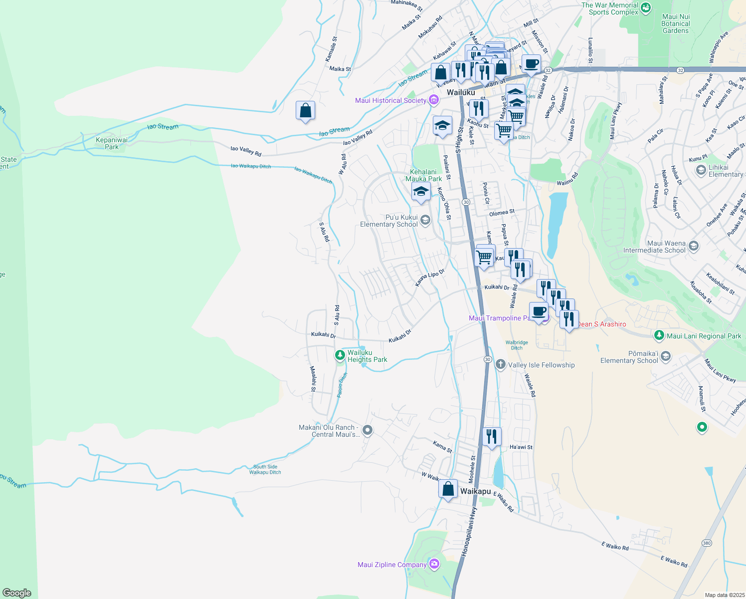 map of restaurants, bars, coffee shops, grocery stores, and more near 15 Awela Circle in Wailuku