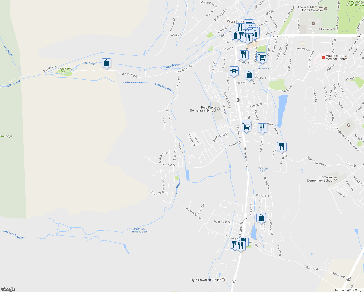 map of restaurants, bars, coffee shops, grocery stores, and more near 447 Palani Place in Wailuku