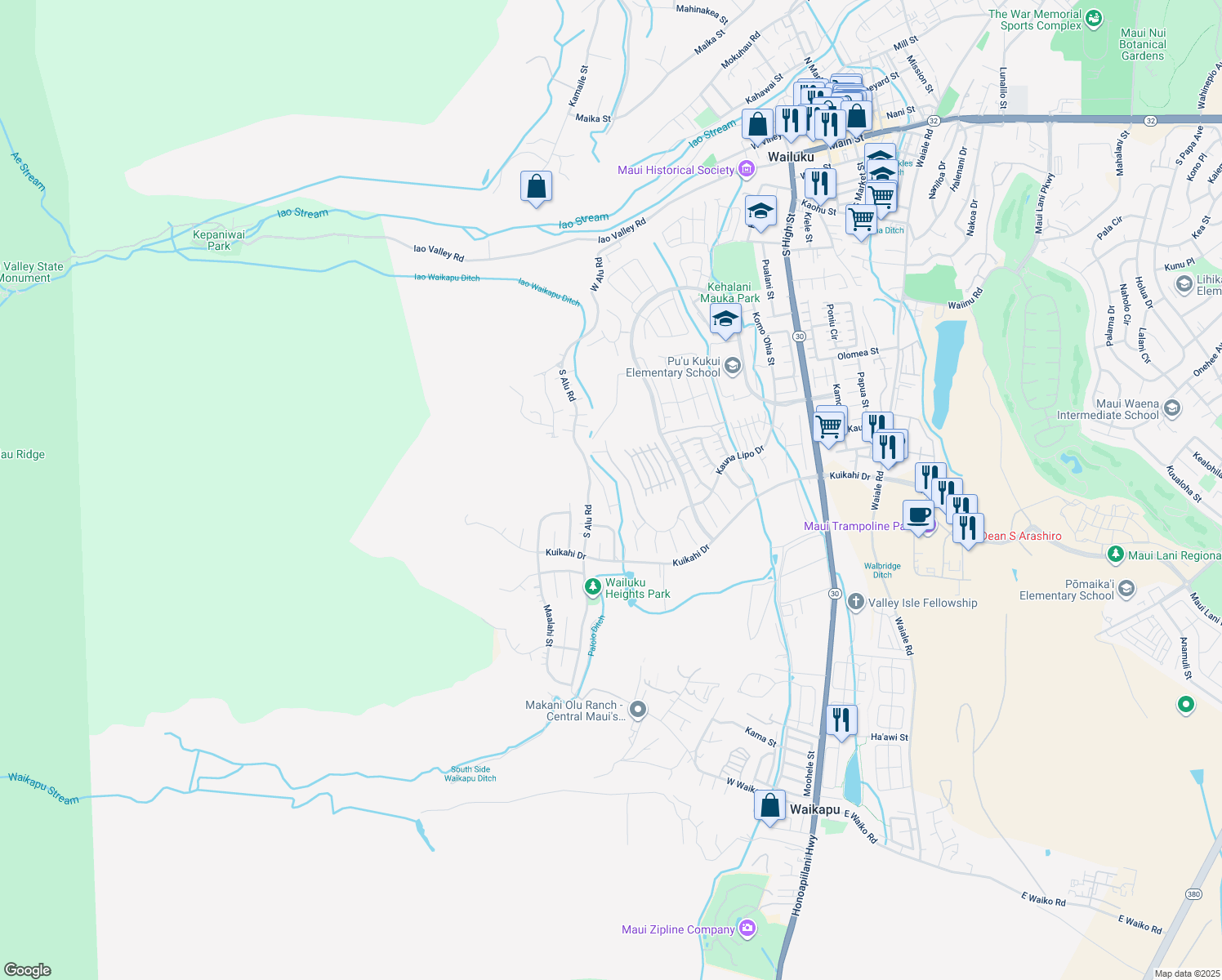 map of restaurants, bars, coffee shops, grocery stores, and more near 447 Palani Place in Wailuku
