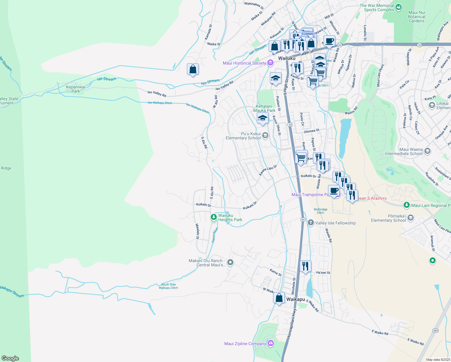 map of restaurants, bars, coffee shops, grocery stores, and more near 577 Kauna Lipo Drive in Wailuku