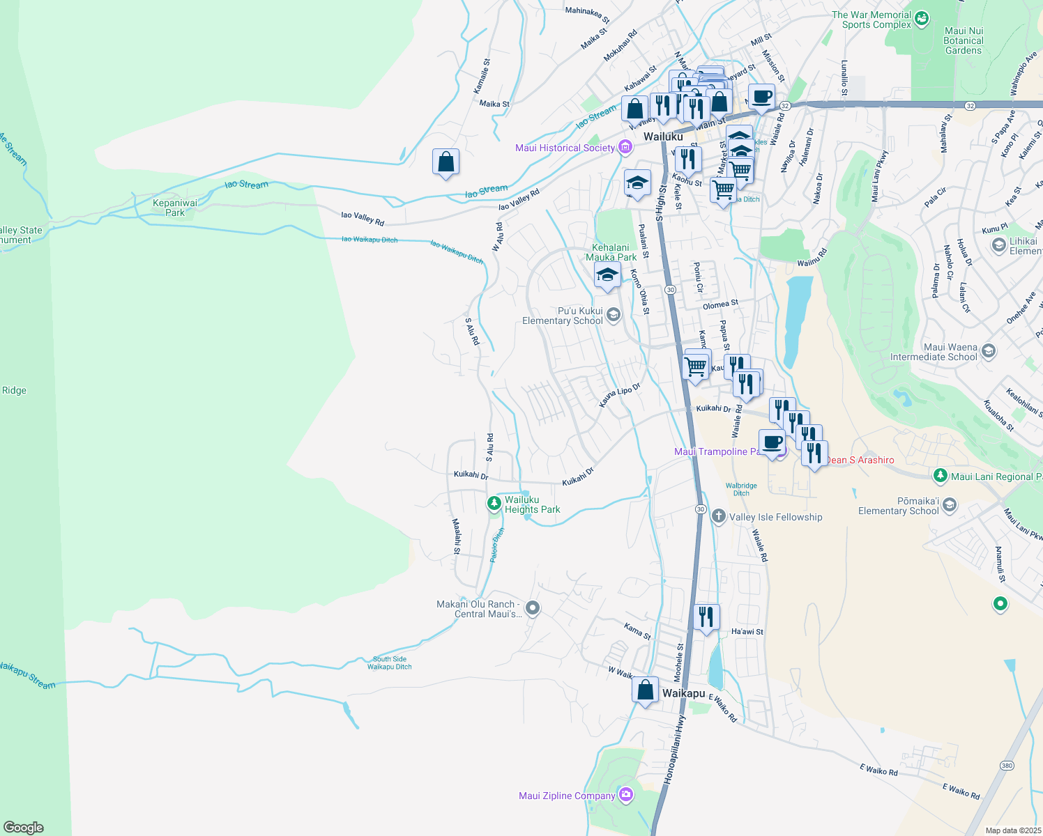 map of restaurants, bars, coffee shops, grocery stores, and more near 0 Kauna Lipo Drive in Wailuku