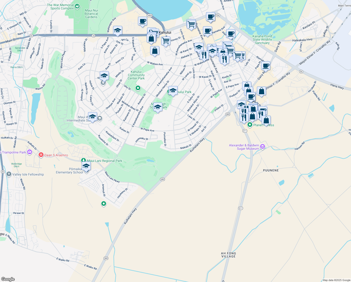 map of restaurants, bars, coffee shops, grocery stores, and more near 779 Lono Avenue in Kahului
