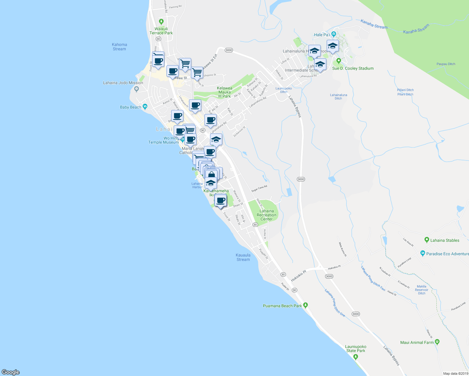 map of restaurants, bars, coffee shops, grocery stores, and more near 562 Waine'e Street in Lahaina