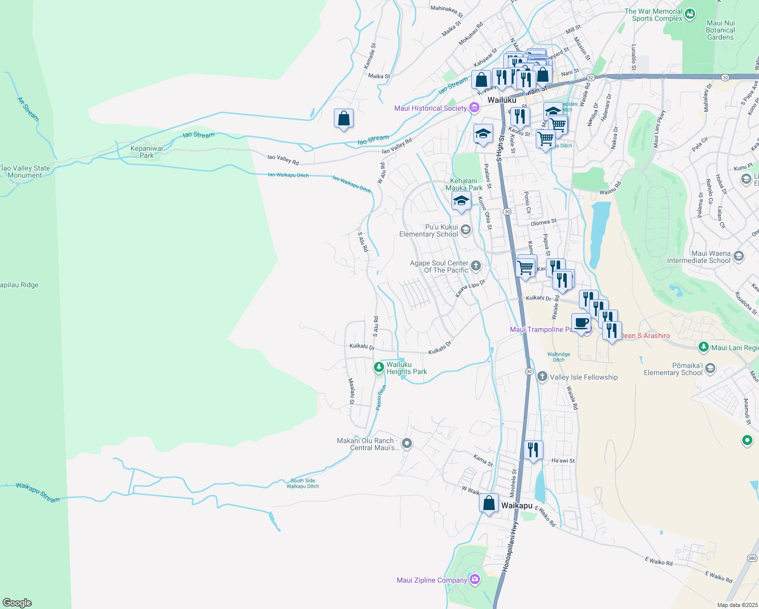 map of restaurants, bars, coffee shops, grocery stores, and more near 429 South Alu Road in Wailuku