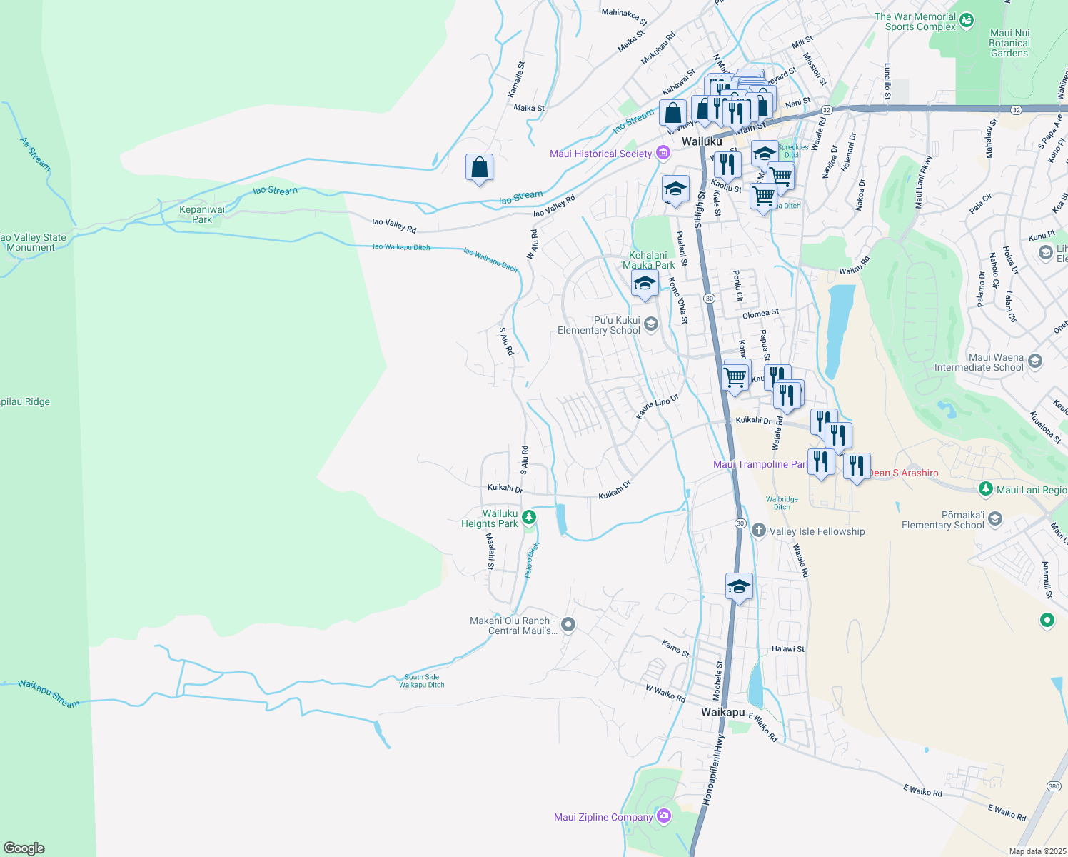 map of restaurants, bars, coffee shops, grocery stores, and more near 430 Palani Place in Wailuku