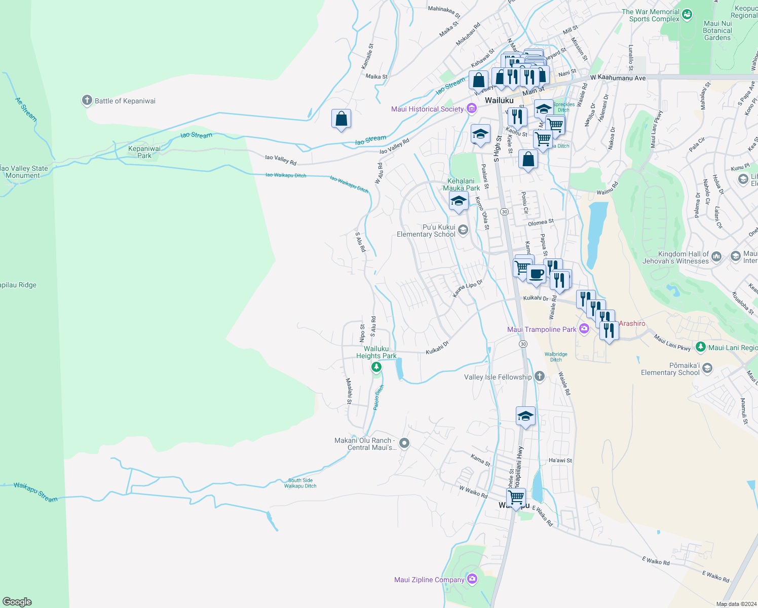 map of restaurants, bars, coffee shops, grocery stores, and more near 429 South Alu Road in Wailuku