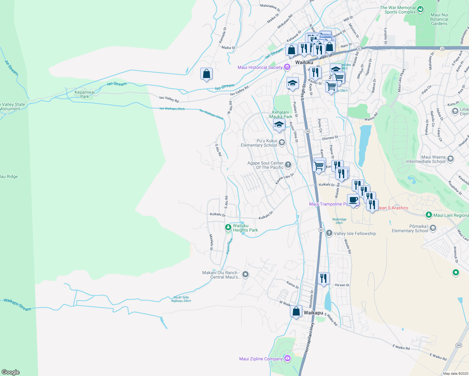 map of restaurants, bars, coffee shops, grocery stores, and more near 435 Palani Place in Wailuku