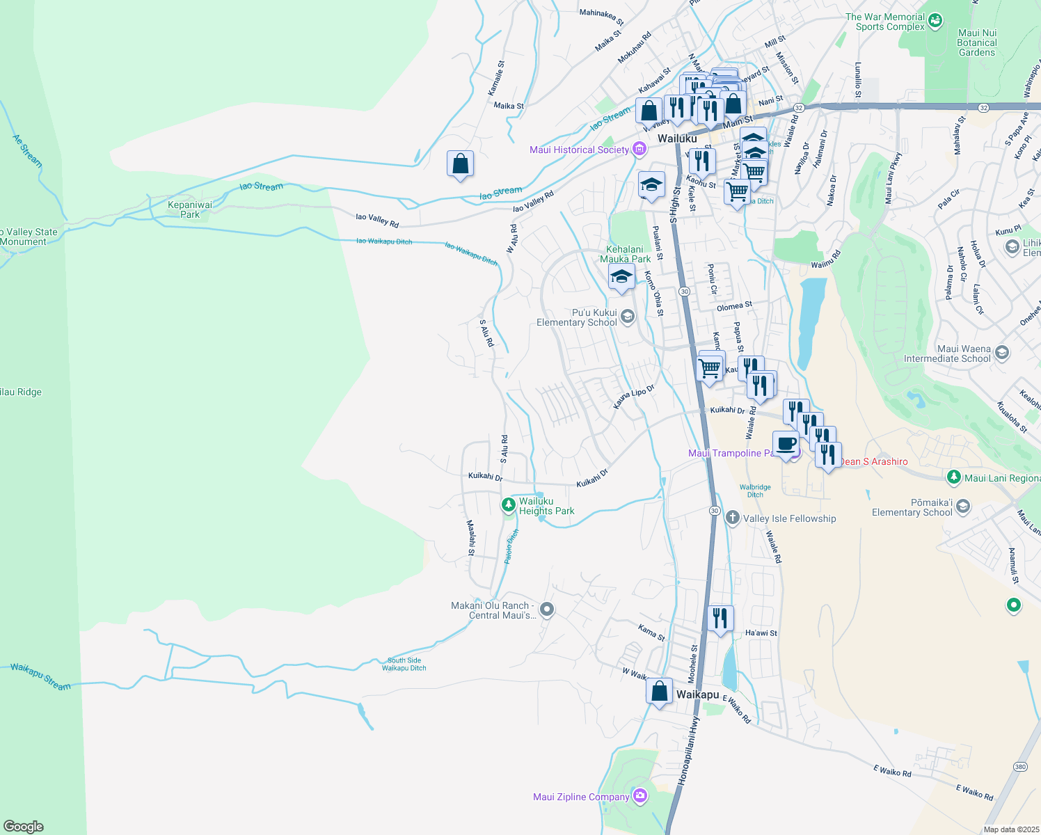 map of restaurants, bars, coffee shops, grocery stores, and more near 435 Palani Place in Wailuku