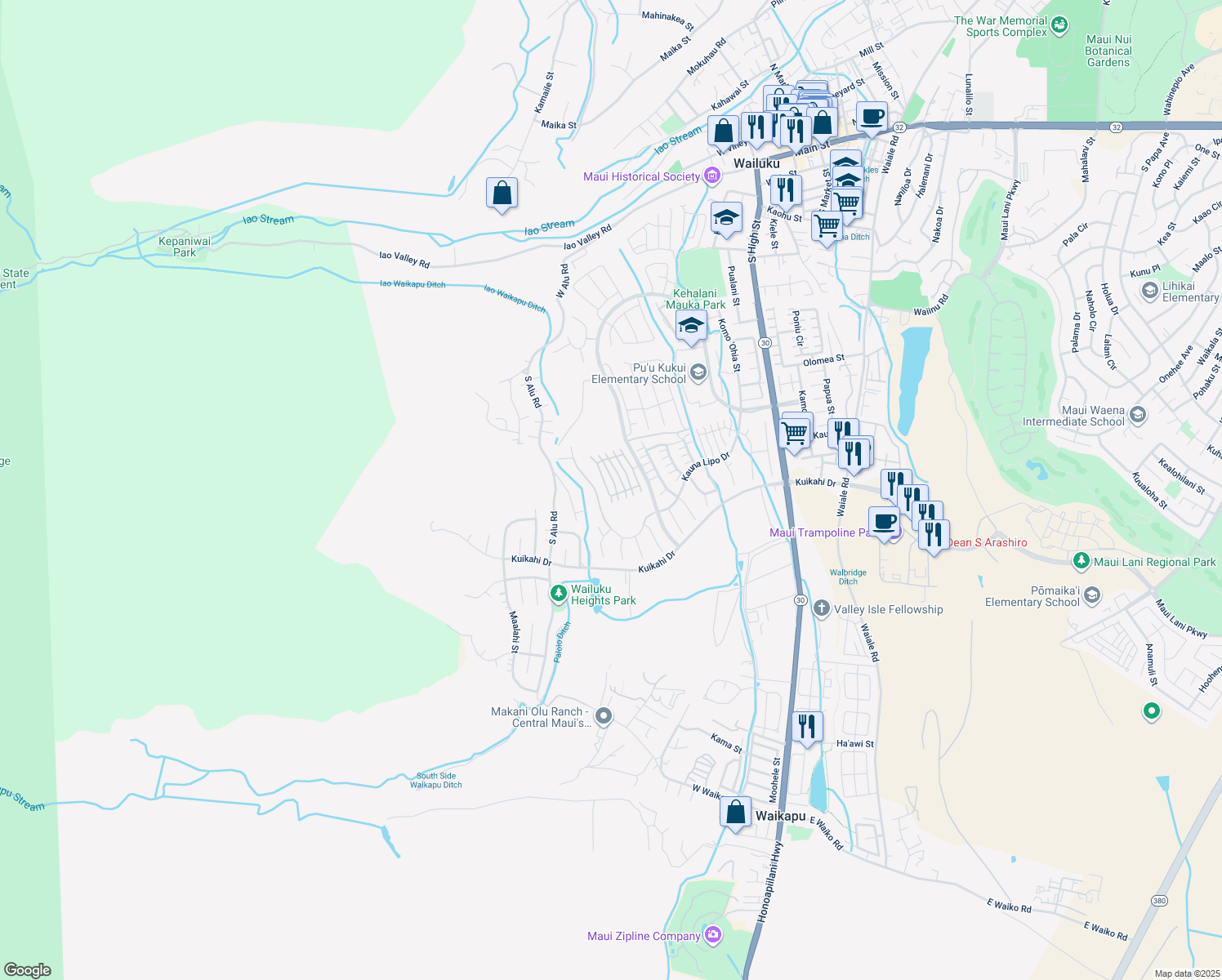 map of restaurants, bars, coffee shops, grocery stores, and more near 64 Awela Circle in Wailuku