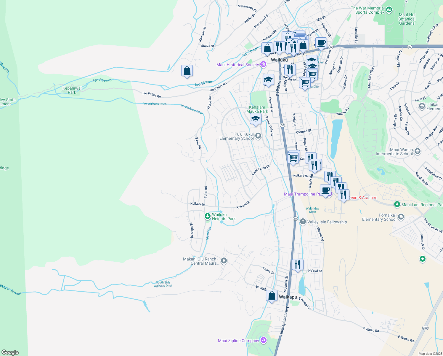 map of restaurants, bars, coffee shops, grocery stores, and more near 0 Kauna Lipo Drive in Wailuku
