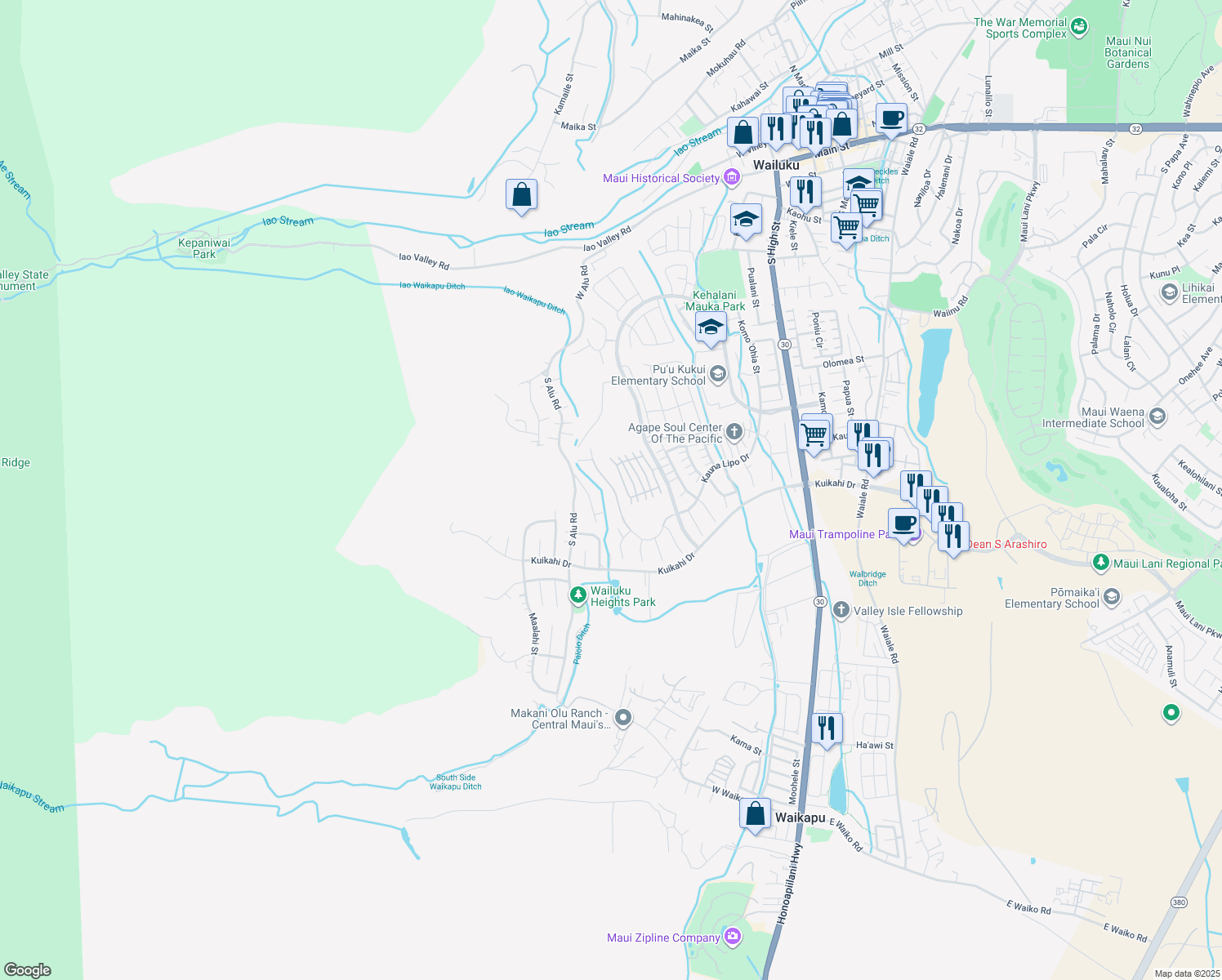 map of restaurants, bars, coffee shops, grocery stores, and more near 0 Kauna Lipo Drive in Wailuku