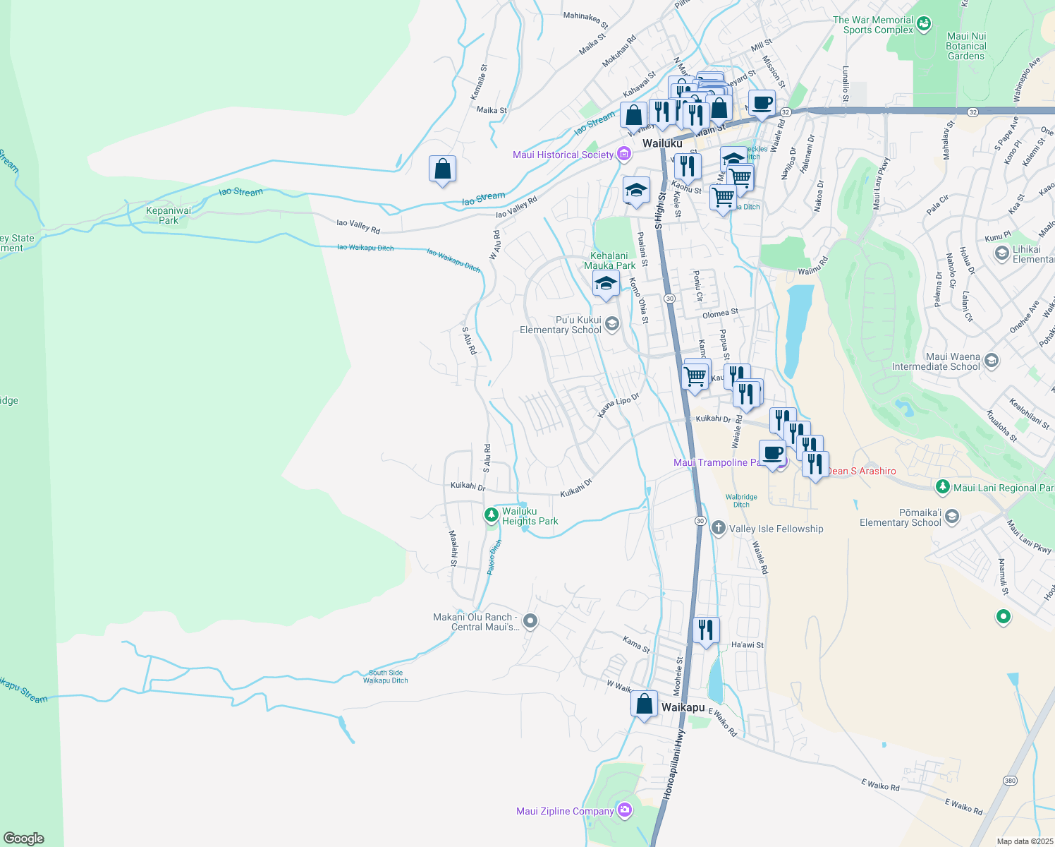 map of restaurants, bars, coffee shops, grocery stores, and more near 582 Kauna Lipo Drive in Wailuku